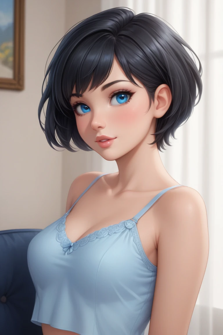 ((Solo)) ((Masterpiece)) ((High Quality)) ((Perfect Face)) ((Beautiful)) ((Round face)) ((Middle aged)) ((Black hair)) ((short Hair)) ((Cute Nose)) ((Blue Eyes)) ((Light Skin)) ((Camisole)) ((Tight jeans)) ((Full lips)