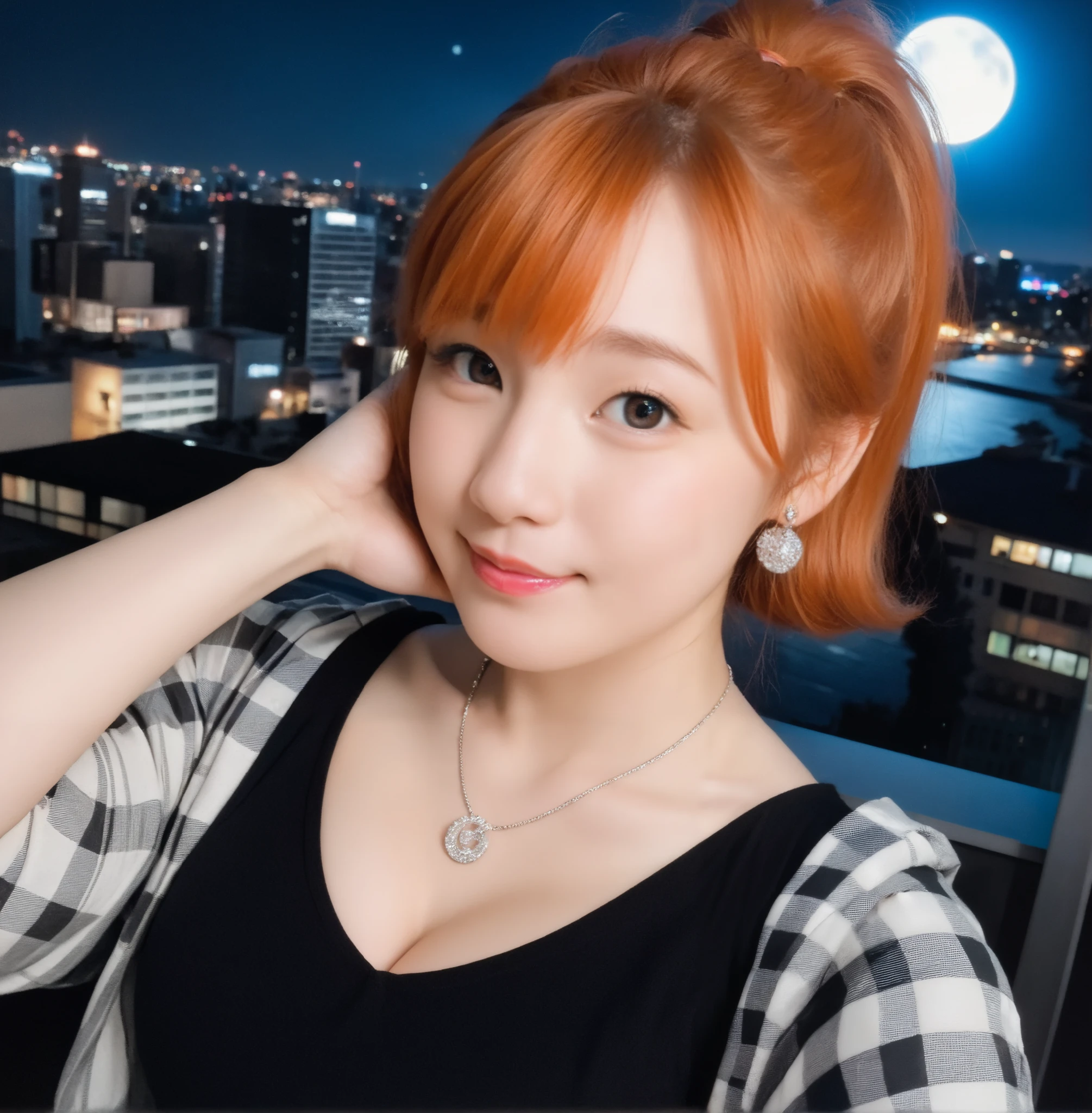 mix 4,(8k, RAW photo, best quality, master:1.2), (realistic, photo-realistic:1.37),1 girl,cute,cityscape of Shumigaoka, Night , full moon, clear night sky Professional lighting,photon mapping,radiosity,physics-based rendering ,orange hair 1:3 Japanese beauty 18 years old short ponytail big breasts, big 1:2, cute and big eyes,high nose small mouth long eyelashes double eyelids Natural Makeup dark pink lipstick, thin body shapes black blouse plaid mini skirt earrings,necklace Touching your hair
