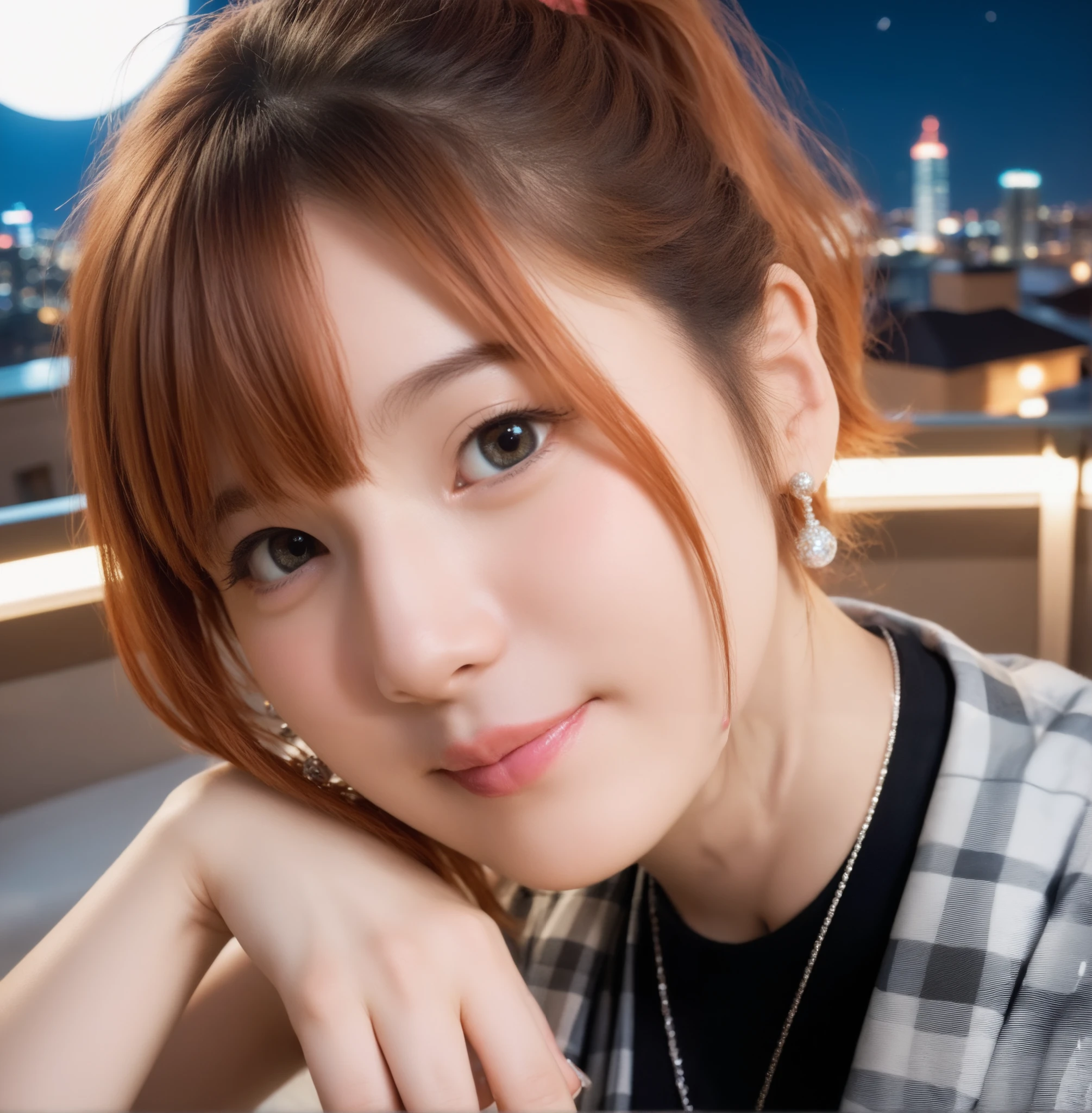 mix 4,(8k, RAW photo, best quality, master:1.2), (realistic, photo-realistic:1.37),1 girl,cute,cityscape of Shumigaoka, Night , full moon, clear night sky Professional lighting,photon mapping,radiosity,physics-based rendering ,orange hair 1:3 Japanese beauty 18 years old short ponytail big breasts, big 1:2, cute and big eyes,high nose small mouth long eyelashes double eyelids Natural Makeup dark pink lipstick, thin body shapes black blouse plaid mini skirt earrings,necklace Touching your hair