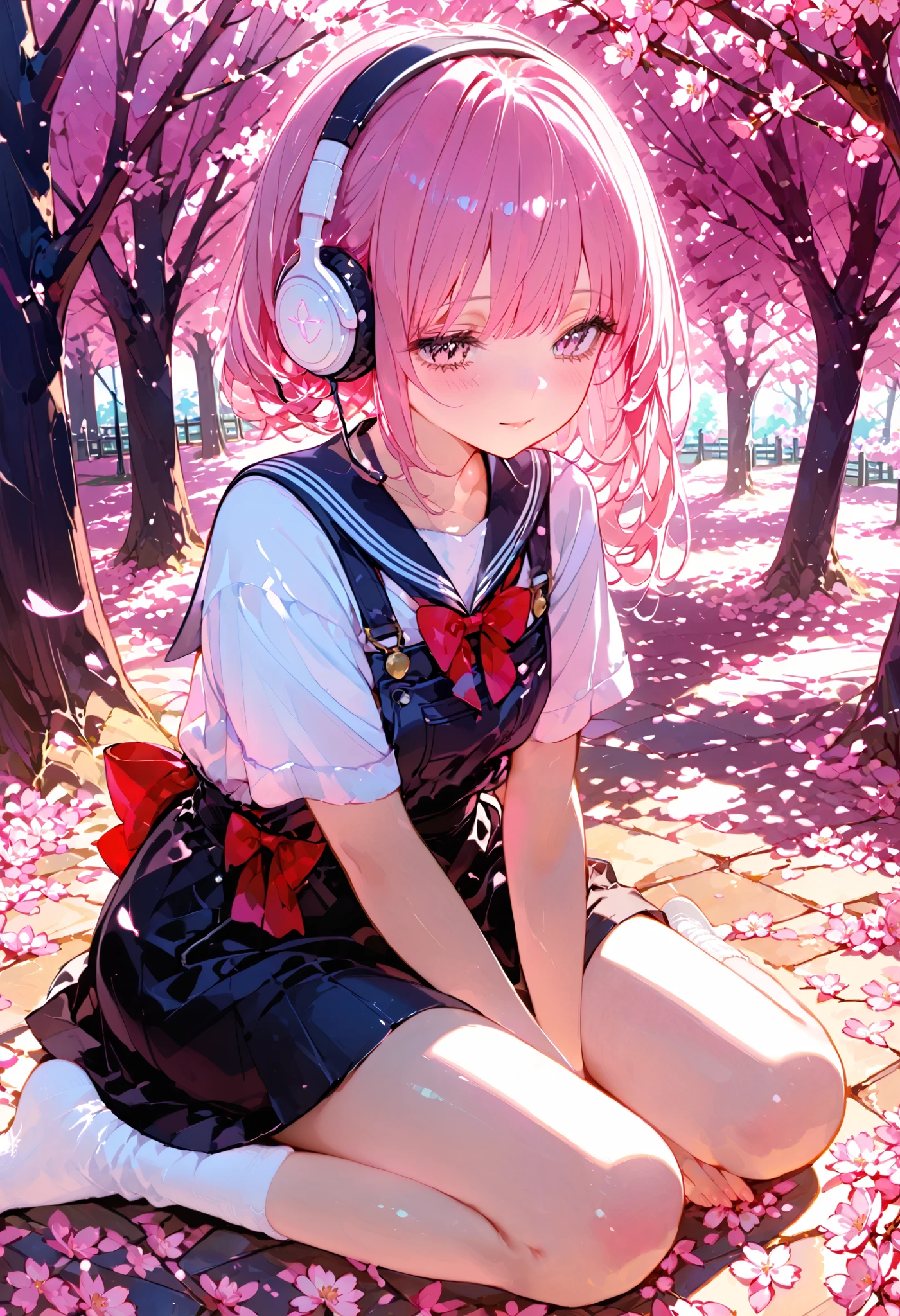 short girl, Wearing Pink, The overall playfulness and young々look of sitting in a crouched position, headphones、enhances the. sailor style top with red bow accents and black skirt {x} She's surrounded by a beautiful outdoor environment of blooming cherry blossoms Blossom Tree, Decorated withたヘアバンド. sunlight filtering through the trees, Soft Cast, Warm Light, Creates a serene and dreamy atmosphere. She's wearing black socks with white socks, Decorated with、Delicate pink petals scattered on the ground.high resolution, look, Overlooking,