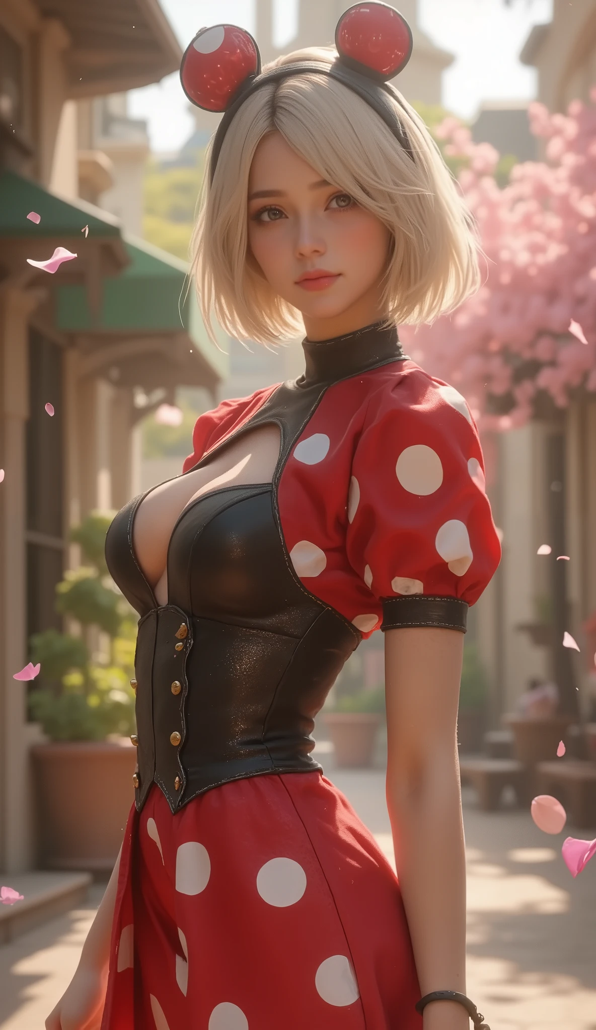(Top Quality, masterpiece, award winning work, 16k), 、((a spring break, YorHa No.2 type B on spring break, a trip to Disney resort, walking through Disney resort: 1.2))、white bronde short hair, ( delicate facial expression、Delicate hair expression、Delicate Eye Expression:1.5), (smiles:1.2), (raised and crisp bust:1.2), (lifts the chest:1.2), (Perky breasts :1.2), , ( double breasted,Underbust:1.2), button gap with, Minnie mouse costume, selfie, walks under trees、spring sun shine, Clothes from strong winds blow up、 petals are blown away by strong winds