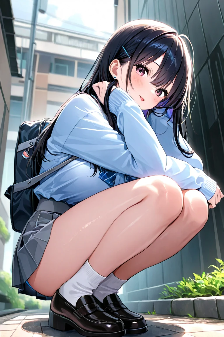 Squatting schoolgirl、Lace panties are visible