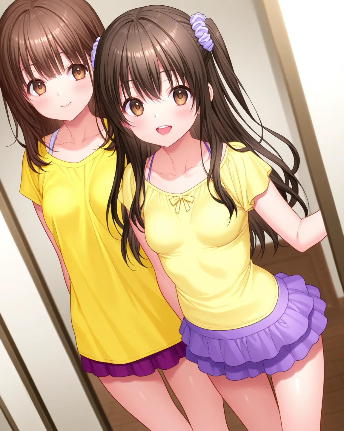 realistically, brown eyes, ponytail, glowing eyes, white short skirt, extra short skirt, Blush, daytime, Wet from the rain, see through, sleeveless shirt, nipples, lace panties, crotch, embarrass, Sit with your knees raised, windy, yuuki mikan, the skirt is turned up, highest quality, High resolution, highly detailed face, perfect lighting, highest detailed CG, perfect hands, perfect anatomy, hand pulled skirt up, medium breast