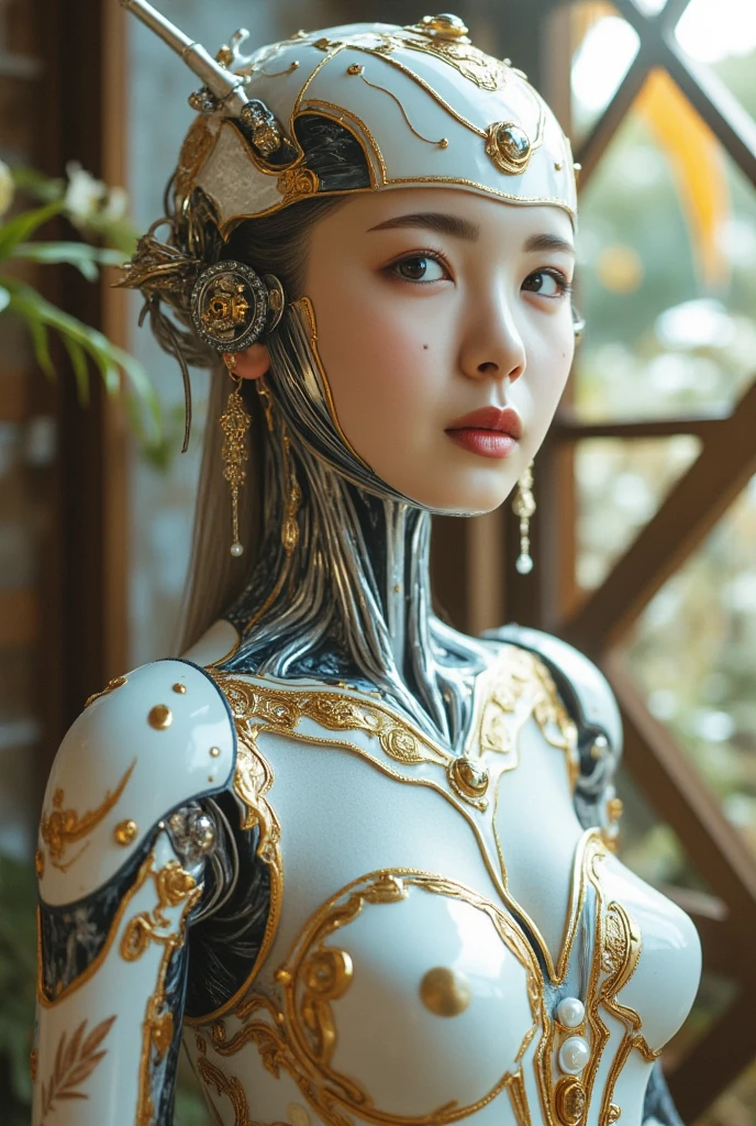 A portrait photograph of mid-twenties Japanese female android made of white and silver transparent glass and plastic, geisha makeup and hairstyle, silver metal internal body mechanisms, dynamic pose, flowing organic construction, detailed engraving, glowing golden circuitry, colorful neon trim, glowing circuitry, neon trim, depth of field focus f/2.8, art by H.R. Giger, Greg Rutowski