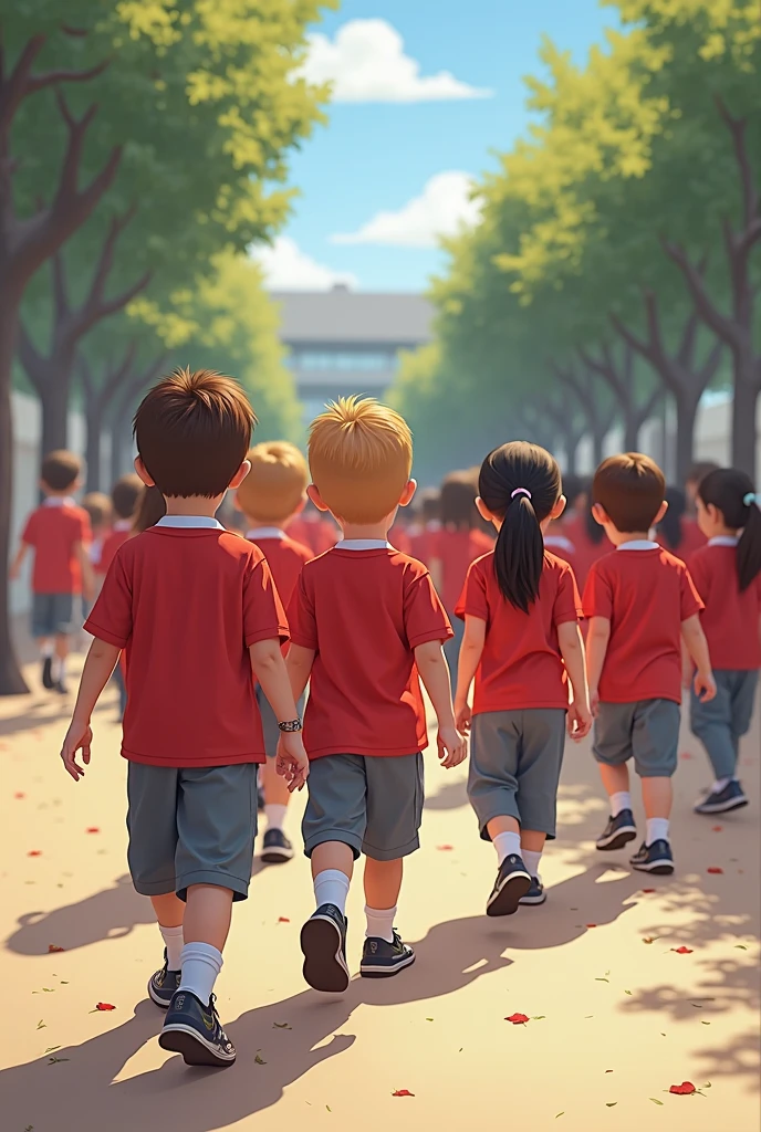5 years in school uniform moving towards school with near other girls plus boys