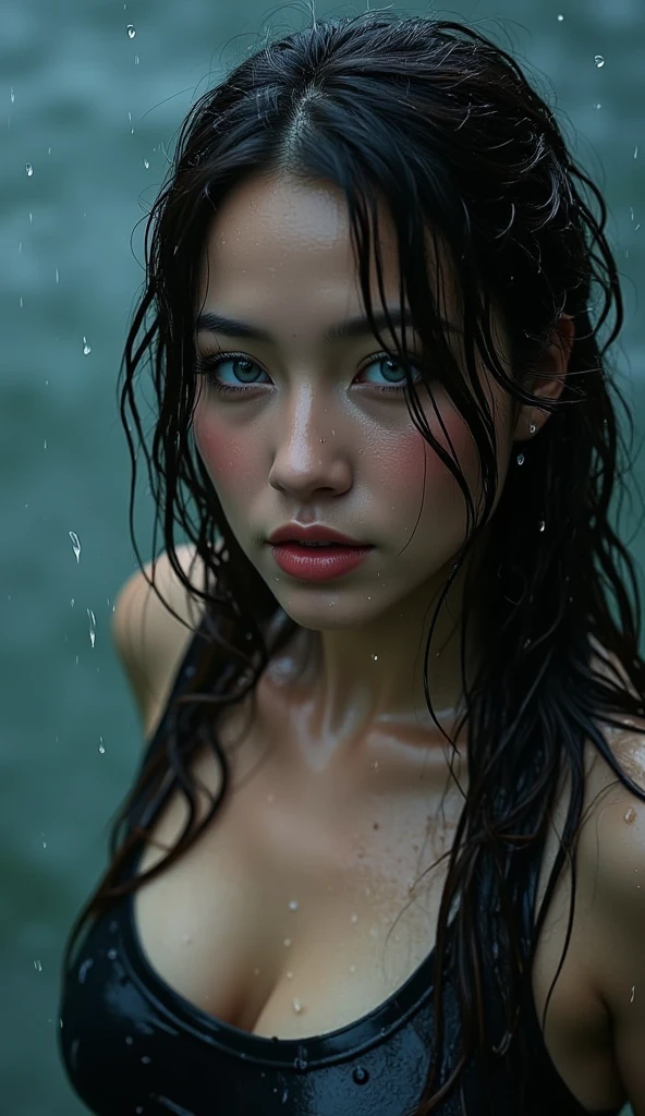 (raw photo:1.2), (photorealistic:1.4), huge file size, super detailed, high resolution, very detailed, best quality, masterpiece, very detailed, 8k wallpaper, amazing, Fine details, masterpiece, best quality, Korean woman, eyeliner, eyeshadow, detailed face, detailed eyes, (black push-up bra: 1.2), torrential rain, soaking wet, covered in dripping water, wet hair, wet dress, dripping water, glistening skin, f/2.0, park in background, water splashing on her head, jean shorts