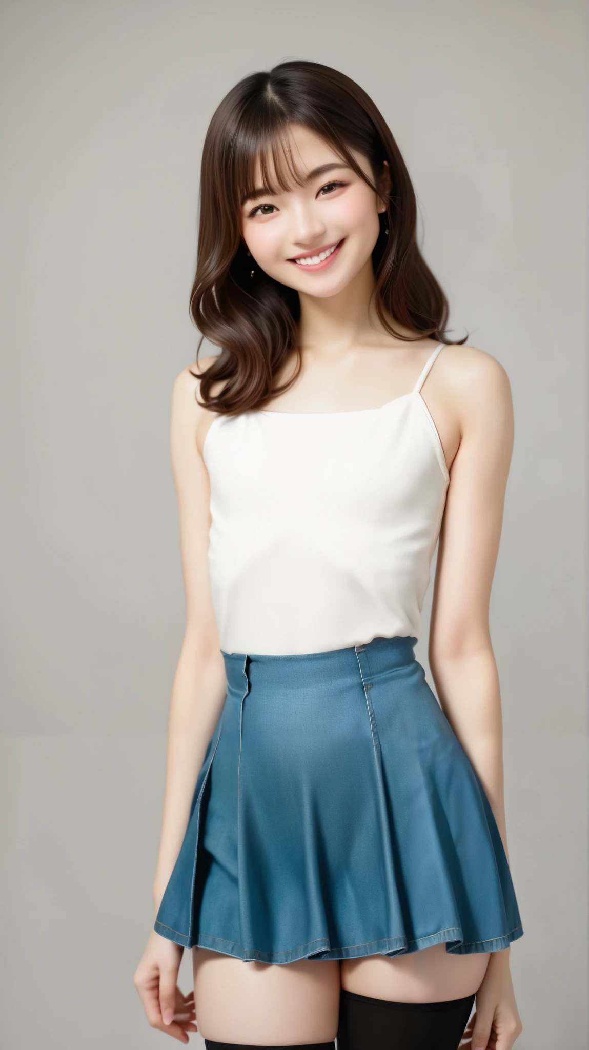 4K, masterpiece, 8k, high quality of wavy lines, 最high quality of wavy lines,10歳のcute少等生, very white skin, long brown hair,a bit, low length , fine eyebrows,Straight Bangs,(Flat chest) ,Feminine, , elegant, elegant, cute, smile, cute, cheerful, belly button, denim low rise mini skirt, ((black knee-length socks)), (disgusting clothes)、(( grey background))