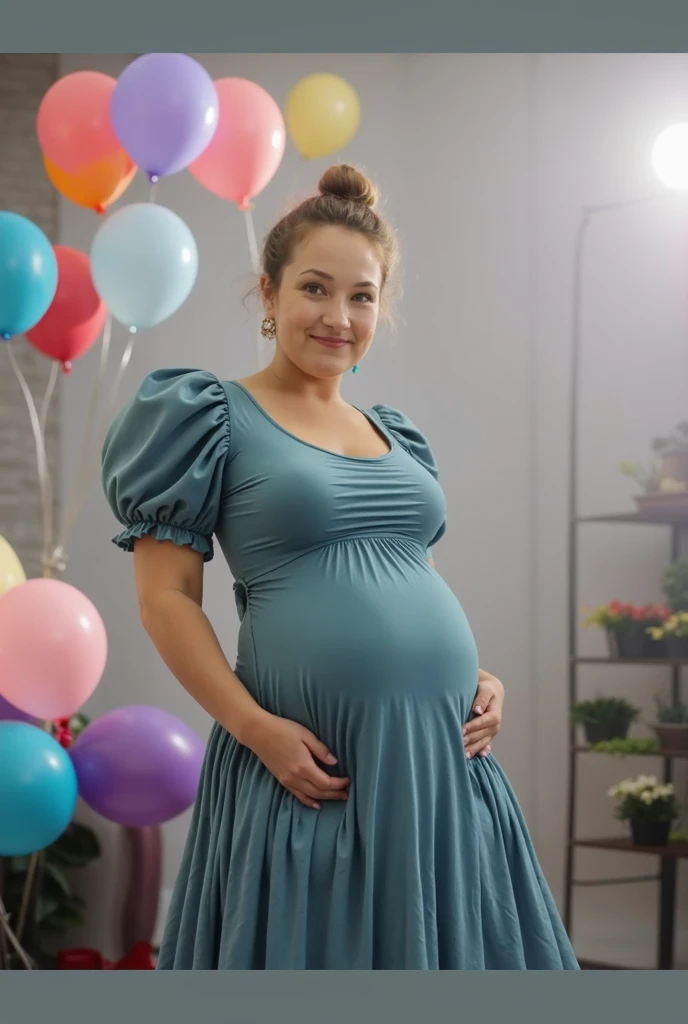 a smiling pregnant woman, sorriso perfeito, olhos perfeitos, hands on belly, perfect hands, cabelos pretos longos perfeitos, usando vestido colorido