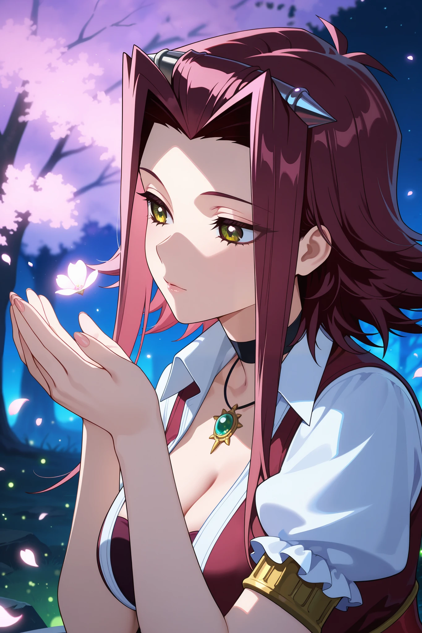 very aesthetic, highres, newest, anime screencap, anime coloring, 2d, 1girl, izayoi aki, cute expression, long hair, intricate facial features, soft skin, surrounded by a magical fantasy landscape, glowing fireflies, ethereal cherry blossom petals, vibrant colors, masterpiece, 8k, ultra-detailed, hyper-realistic, digital art, professional 3d rendering, cinematic lighting, vivid color palette