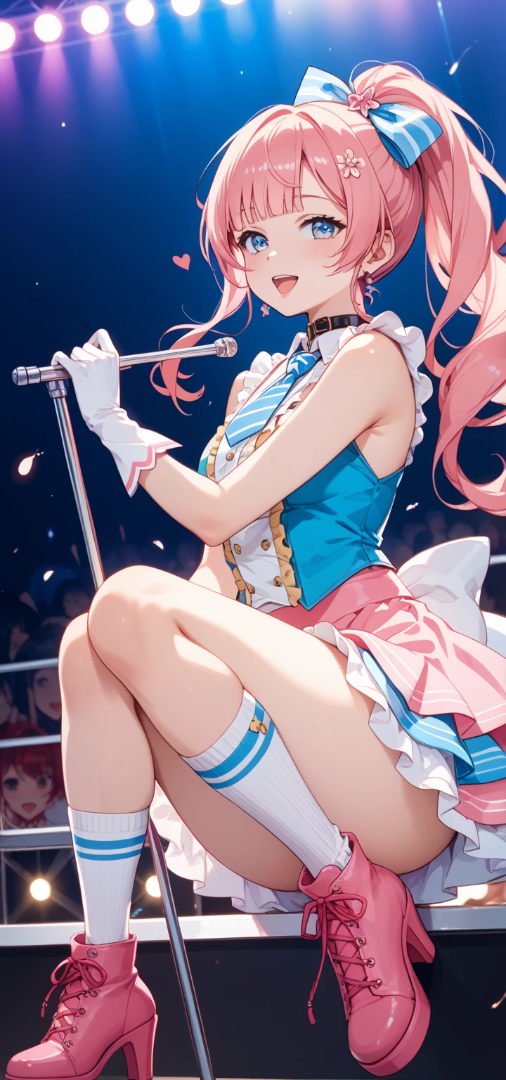 masterpiece, best quality,4k,8k,(1girl,ribbon headband,pony tail,marching band costume) is (running on racecouse while playing the real saxophone),(completely nude:1.0),large bleast,charming sexy smile,crying face,stadium.(many spectators are watching)たくさんの観客がいる,パレード、カーニバル、花吹雪、