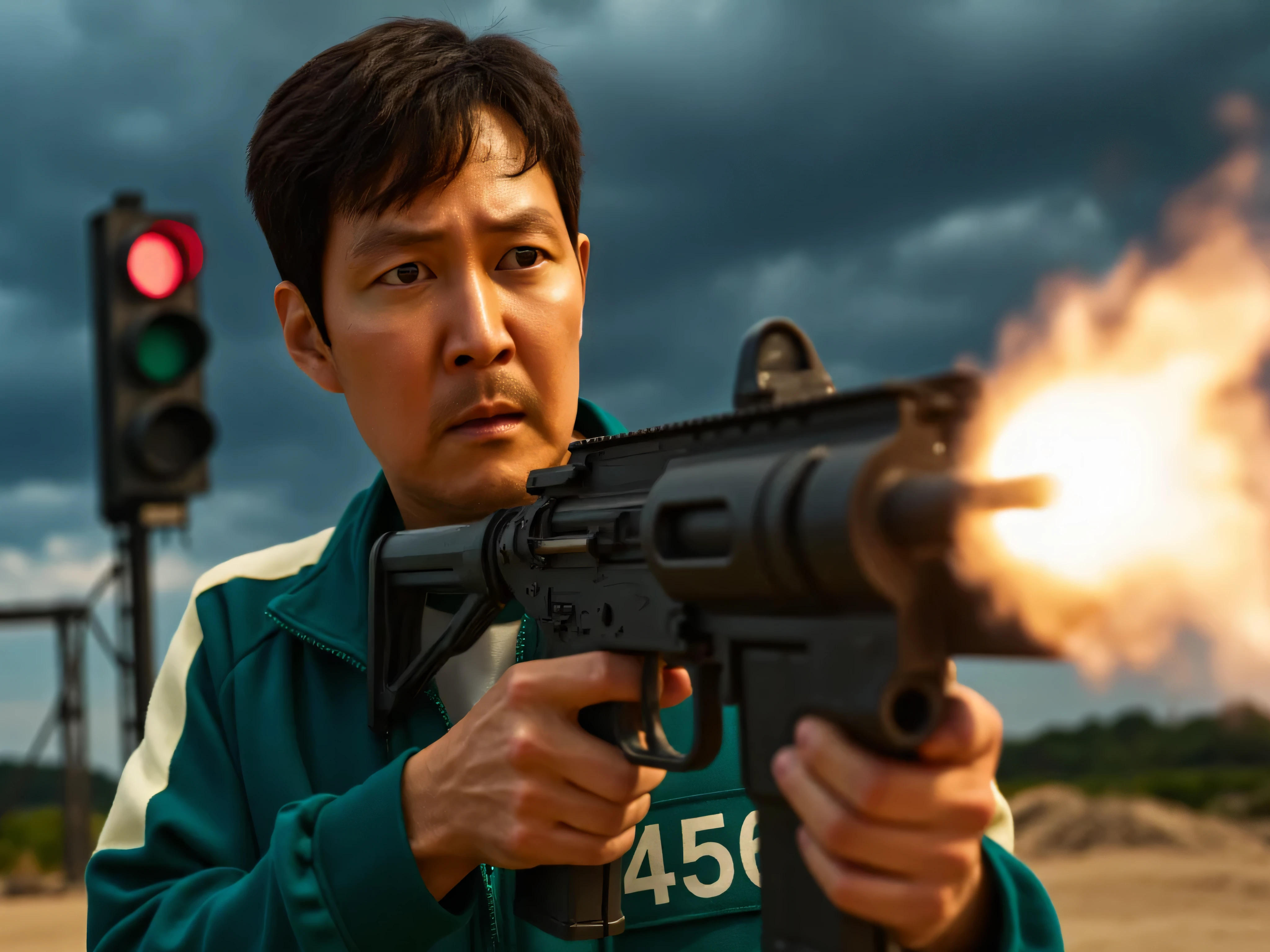 Seong Gi-hun stands in an open battlefield, gripping a massive M134 Minigun with both hands as its barrels spin rapidly, firing bullets in a blazing storm of destruction. His face is filled with raw intensity and determination, sweat glistening on his forehead, eyes narrowed, and his mouth slightly open as he unleashes gunfire. His green Squid Game jacket with the number ‘456’ badge on his left chest is slightly tattered, dirt-stained, and flapping slightly from the force of his movement.
Behind him, a Red Light, Green Light traffic signal stand looms ominously, its three lights glowing brightly—Red, Green, and Yellow—casting an eerie reflection on the metallic pole. The sky is dark and stormy, with flashes of lightning, adding to the chaotic atmosphere.
The minigun ejects smoking bullet casings mid-air, while the bright muzzle flash illuminates Gi-hun’s face and the surrounding dust. The massive ammo belt feeds into the gun, hanging from his side, and subtle motion blur on the gun barrels enhances the realistic action feel.
The overall color grading is dark, cinematic, and hyper-realistic, with deep contrasts between shadows and fiery highlights from the gunfire. Smoke, dust, and sparks fly through the air, making the scene feel like an intense battle straight from an action-packed movie. The camera angle is slightly low, making Gi-hun look powerful, as if he has turned the game’s deadly rules against its creators.