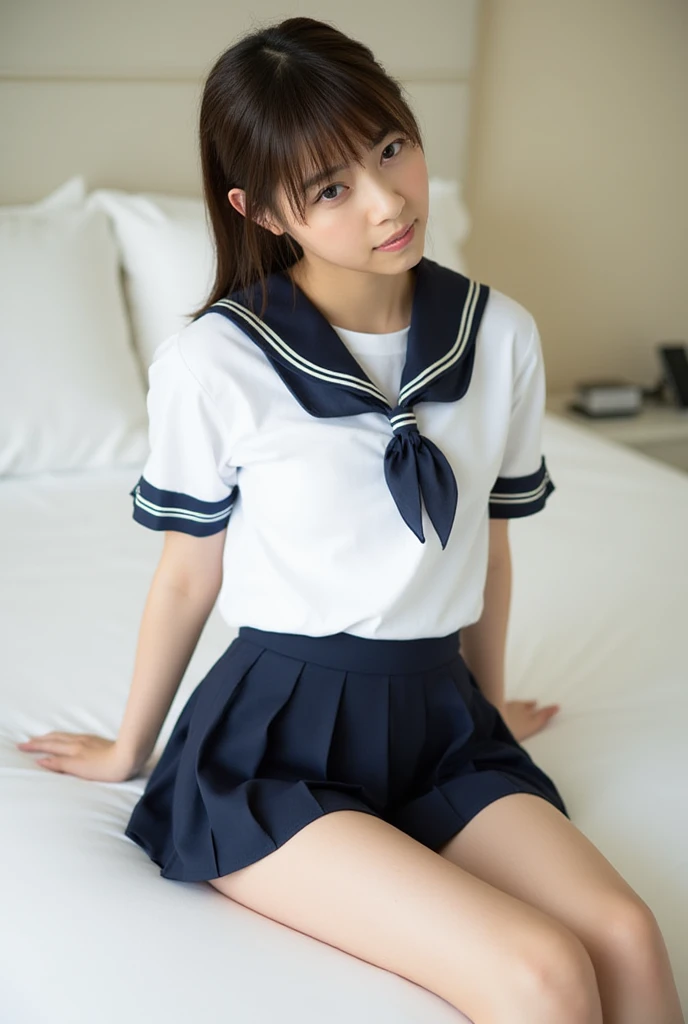cute,teen,black hair,long hair,straight hair,with bangs,angelic smile,model,full breasts, wariza,on bed,summer sailor suit