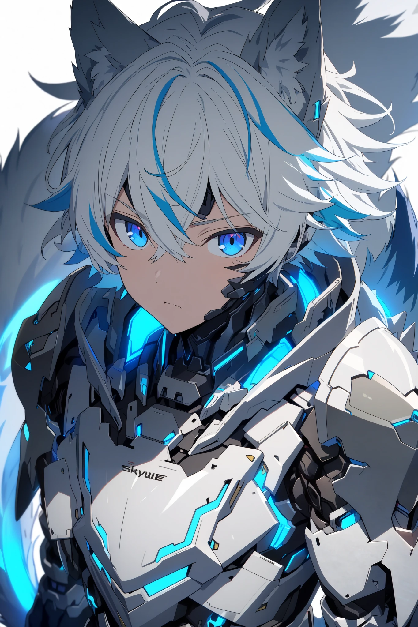 [(WHITE BACKGROUND:1.5),::5], ((masterpiece)), high quality, ultra very high resolution, full color, ((solo)), ((younger boy)), Black cyborg armor, Wolf ear,  (Wolf armor), ((Wolf mechanical tail)), ((men's White hair)), (Blue streaked hair), (SkyBlue eyes), anime, (upper body), Blue neon light,