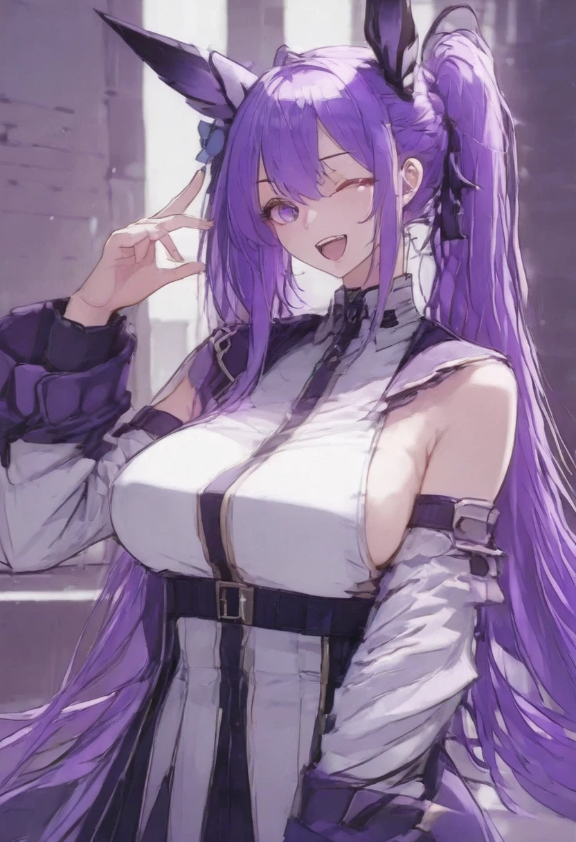 High detailed, 1 girl, solo, Violet long hair, blue eyes,  busty, firm chunky body white shirt, , deep cleavage, Juliet sleeves, pencil skirt, black thighhighs, white gloves, tall, smiling