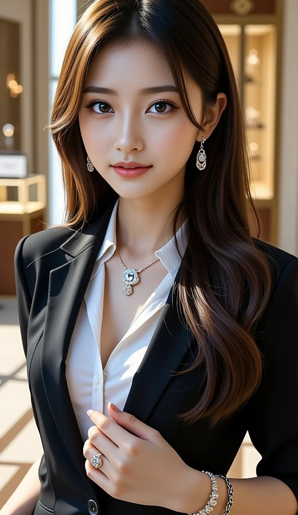best quality, masterpiece, 1girl, Beautiful face, (photo realistic:1.3), rim lighting, (high detailed skin:1.2), 8k uhd, dslr, high quality, high resolution, 4k, 8k, Bokeh, absurdres, best ratio four finger and one thumb, (realistic:1.3), cute 1girl, wearing black formal blazer, medium breasts, short skirt,
