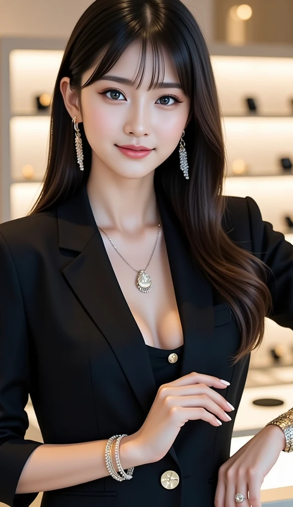 ((Highest image quality、8K、masterpiece:1.3))、1 girl、smile、Full body Esbian、slim face、cute woman、(dark brown hair)、super detailed face、detailed eyes、double eyelid、blurred background、slim face、city_super long brown hair、big breasts、full body shot、on the hotel bed、loose wavy hair、gold necklace_Large earrings、No facial expression、full body shot、Standing gracefully、cleavage、(tailored_Blazer_dress:1.5),(pointed_mule:1.4),(blazer jacket:1.4)、(pencil skirt:1.4、Jaqueta de Curro:1.3)、