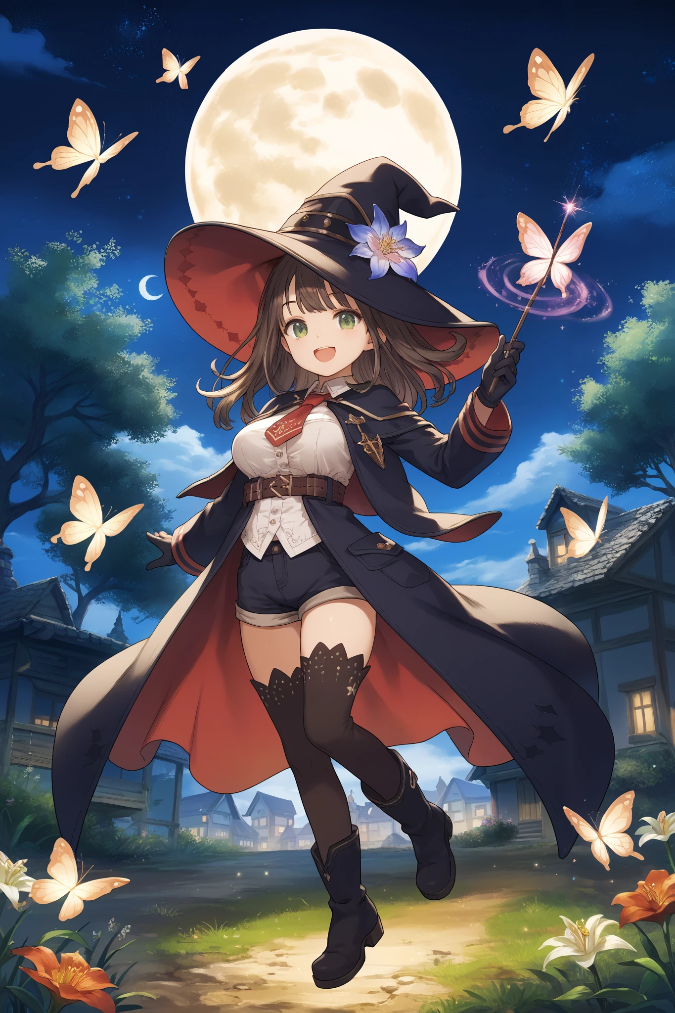 best quality, integrated scenery, integrated background, extremely delicate and beautiful, meticulous details, good composition, , cute face, perfect face, perfect hands,masterpiece, best quality, witch hat, black gloves, thighhighs, looking at viewer, smile, night, trees, black_cats, crows, moon ,large_breasts,dark_night_town_sky_landscape cutout, smile ,light_open_mouth, old_town,happy,ung__girl,full_of_beans,very_long_blond_hair,(very_long_swept_bangs:1.1), asymmetrical_bangs ,glower,rise_knee,short_shorts,short_boots,happy, floating_posing,rise_arms,large_flower_ornaments,red_tie,front_closed_black_military_formal_jacket,large_loose_belts,chest_pockets, Sagging_eyes,lily,dark_green_eyes, glitter_magic_effect,solo,1magic_wand, grip_magic_wand,(peak_Forehead:0.7),floating, Butterfly_pattern_lining