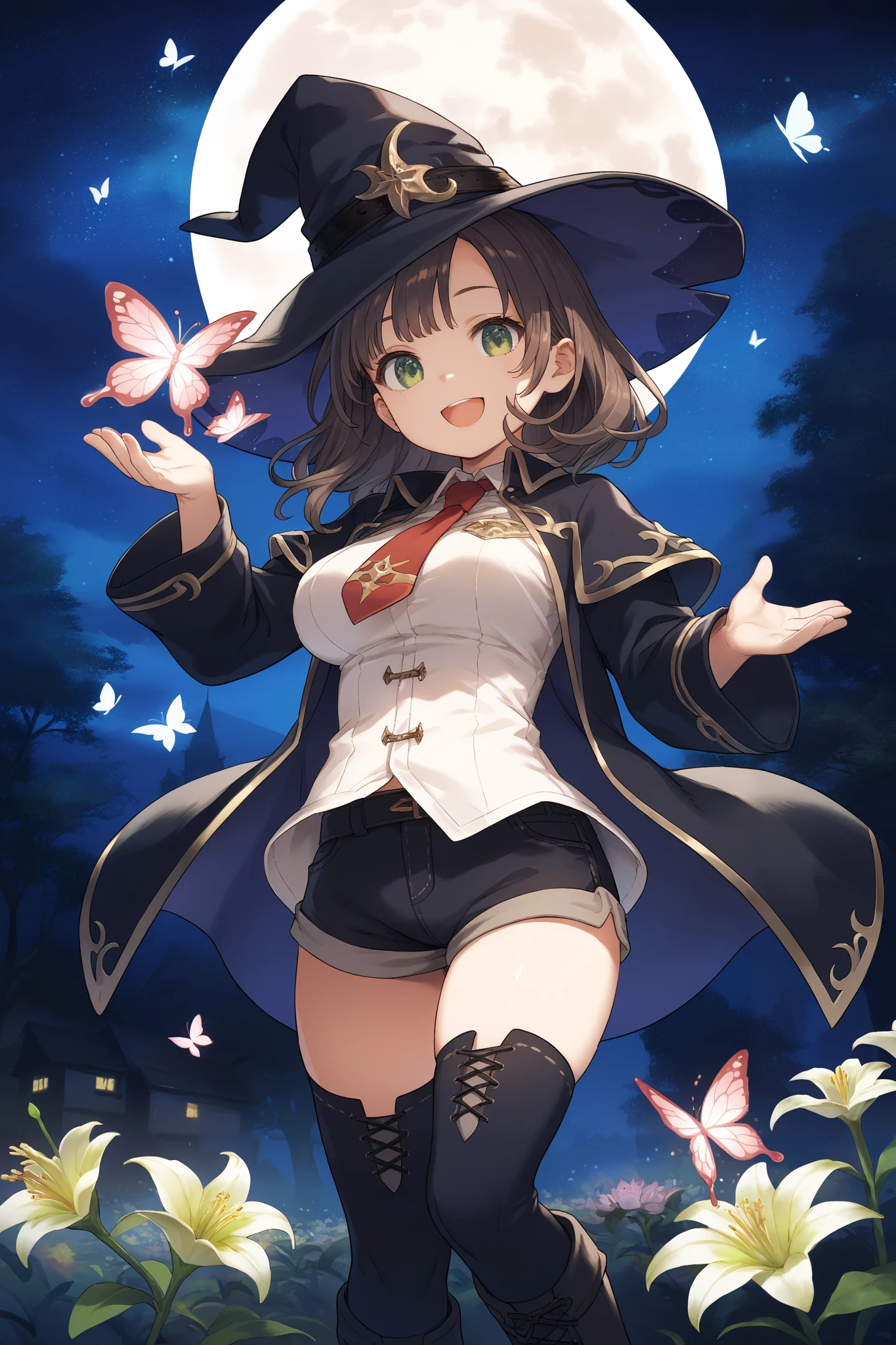 best quality, integrated scenery, integrated background, extremely delicate and beautiful, meticulous details, good composition, , cute face, perfect face, perfect hands,masterpiece, best quality, witch hat, black gloves, thighhighs, looking at viewer, smile, night, trees, black_cats, crows, moon ,large_breasts,dark_night_town_sky_landscape cutout, smile ,light_open_mouth, old_town,happy,ung__girl,full_of_beans,very_long_blond_hair,(very_long_swept_bangs:1.1), asymmetrical_bangs ,glower,rise_knee,short_shorts,short_boots,happy, floating_posing,rise_arms,large_flower_ornaments,red_tie,front_closed_black_military_formal_jacket,large_loose_belts,chest_pockets, Sagging_eyes,lily,dark_green_eyes, glitter_magic_effect,solo,1magic_wand, grip_magic_wand,(peak_Forehead:0.7),floating, Butterfly_pattern_lining