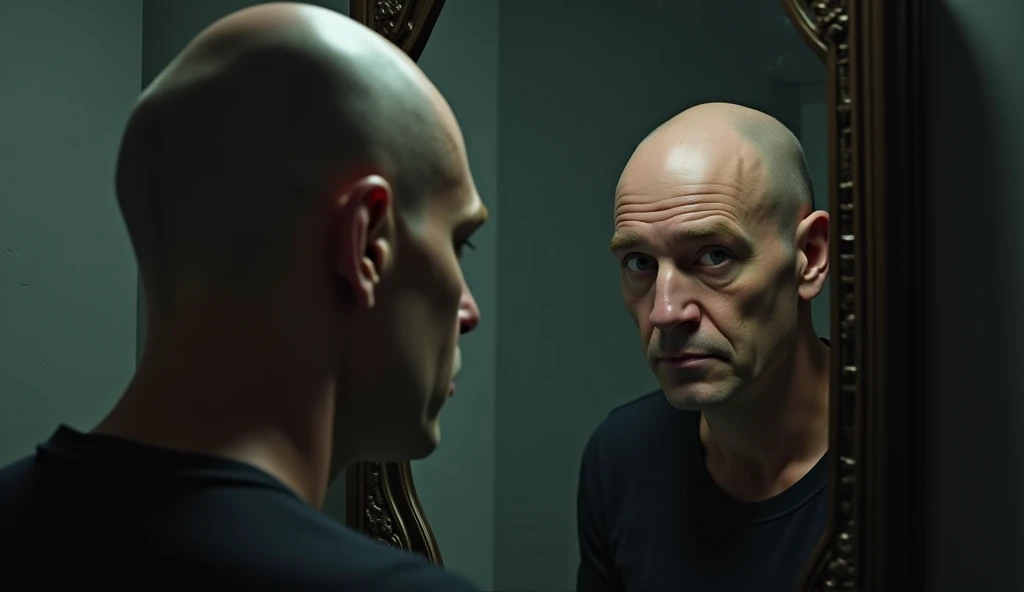 man looking at himself in the mirror sad because he has no hair on his head
