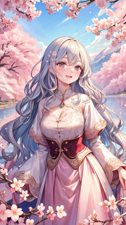Silver hair, pink eyes, older woman, teal red and gold clothes, hair flower ornament, cat ears, necklace, long hair, smiling face, upper body, sakura
