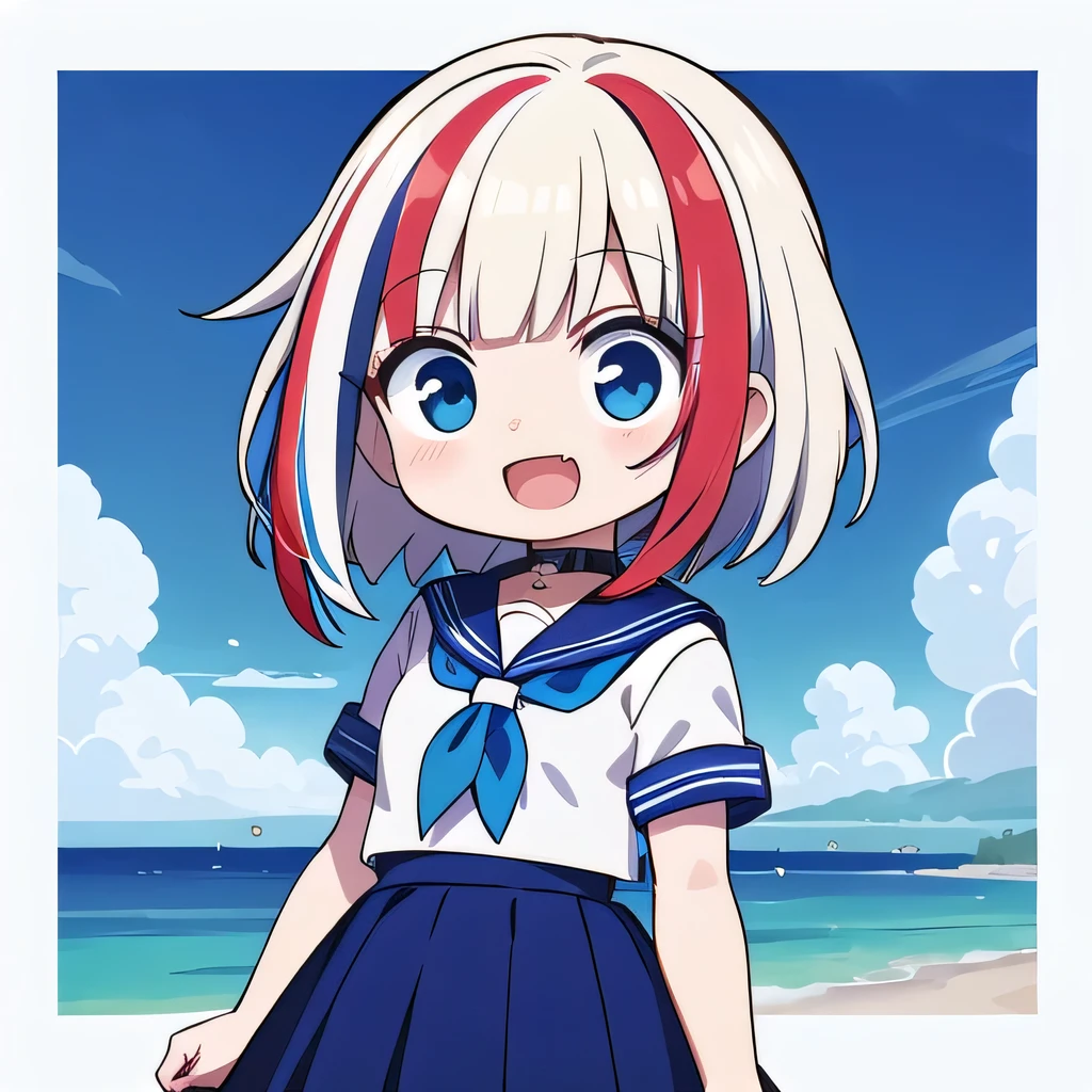 1girl, (chibi:1.4), smile, open mouth, upper body, standing, masterpiece++, Best Quality++, ultra-definition++, ultra-definition++, rey tracing, 4K or more++, 8K or more++, Slight details, (Background Focus )++,Young woman with golden laurel wreath, (((Ultramarine hair))), (((White dip dyed hair))), (((red streaked hair))),sailor,Sailor collar,White shirt, skirt by the,anchor,