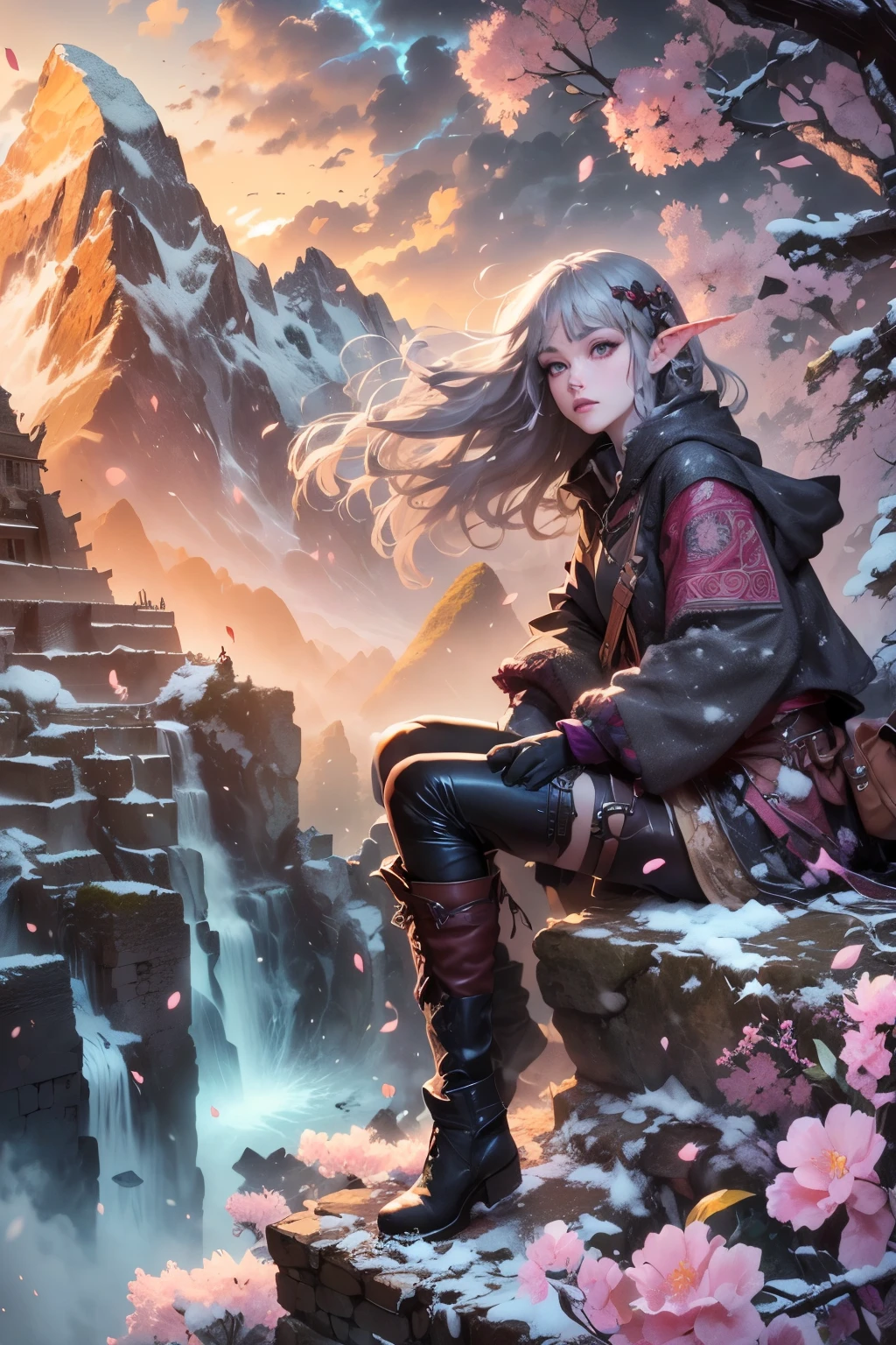 (Ultra-detailed face, Looking away, Cherry blossom petals are dancing. A spring break adventure. Super-detailed faces, gothic fantasy illustrations, picture scroll and ukiyoe style. Perspective looking down from the sky above.), BREAK
(A young female dark elf archaeologist climbs the exterior wall of a crumbling prehistoric ruin to investigate. Machu Picchu-like ruins in Peru, representing the wonders of nature and a fantastic landscape. A view of melting snow in early spring and a backdrop of a powerful cascade of waterfalls caused by melting snow. In a bold pose, she sits on the crumbling, dangerous outer wall of the old ruins, sipping a warm drink and admiring the melting snow.), BREAK
(She has gray hair, gray eyebrows, blunt bangs, very long wavy hair, small pink lips, lavender eyes, dark gray skin, and eyeliner.), (She wears a cloak over a cape dress, made of multiple layers of woolen fabric in a cherry pattern. She wears short boots made of soft leather with white fur.)