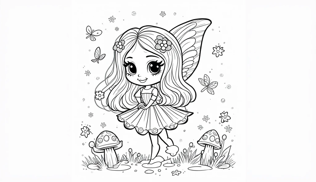 line drawing of a little fairy sitting on the magic mushroom, On white background, monochrome, black andwhite, no gray colors, no shadows