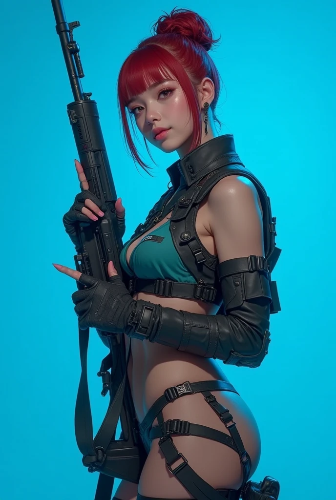 A cyborg hybrid, '1girl', stands confidently from the side, her long, full bright red hair cascading down her back like a fiery waterfall. Her piercing green eyes gleam as she holds two steampunk handguns at the ready in her mechanical arms. The intricate red corset accentuates her toned physique. In the background, a dystopian cityscape unfolds, with steampunk aircraft soaring through the clear blue sky. Her mechanical legs and prosthesis are showcased as she strikes an action-packed pose.