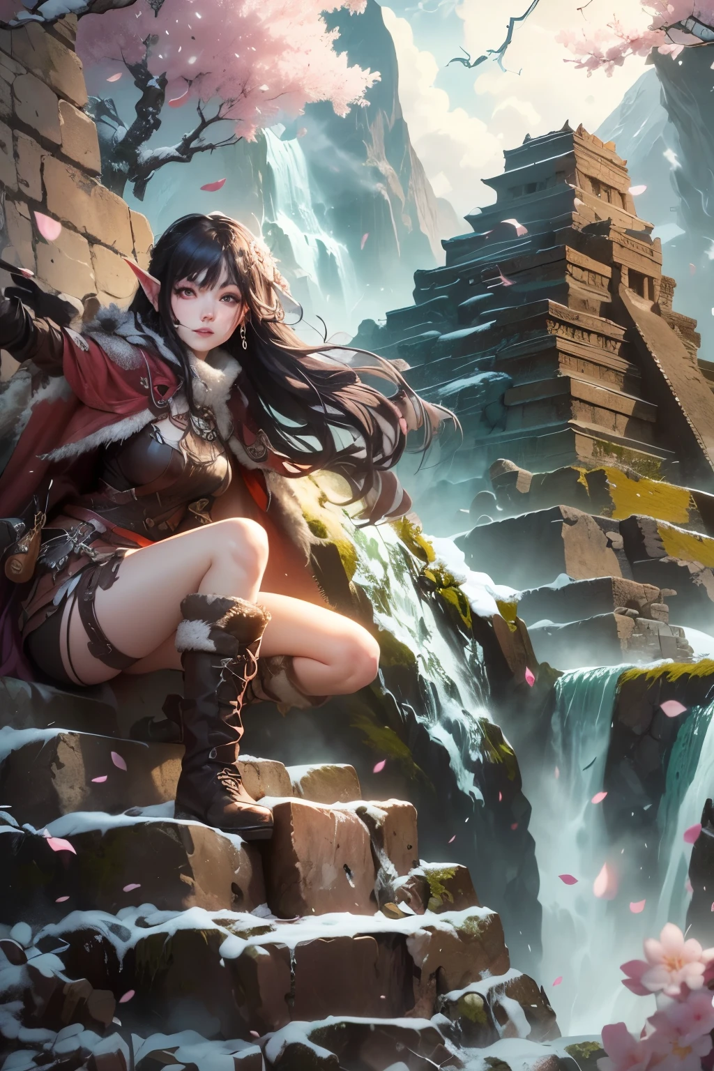(Ultra-detailed face, Looking away, Cherry blossom petals are dancing. A spring break adventure. Super-detailed faces, gothic fantasy illustrations, picture scroll and ukiyoe style. Perspective looking down from the sky above.), BREAK
(A young female dark elf archaeologist climbs the exterior wall of a crumbling prehistoric ruin to investigate. Machu Picchu-like ruins in Peru, representing the wonders of nature and a fantastic landscape. A view of melting snow in early spring and a backdrop of a powerful cascade of waterfalls caused by melting snow. In a bold pose, she sits on the crumbling, dangerous outer wall of the old ruins, sipping a warm drink and admiring the melting snow.), BREAK
(She wears a cloak over a traditional, classic medieval European cape dress made of multiple layers of cherry-patterned woolen fabric. She wears short boots made of soft leather with white fur.)