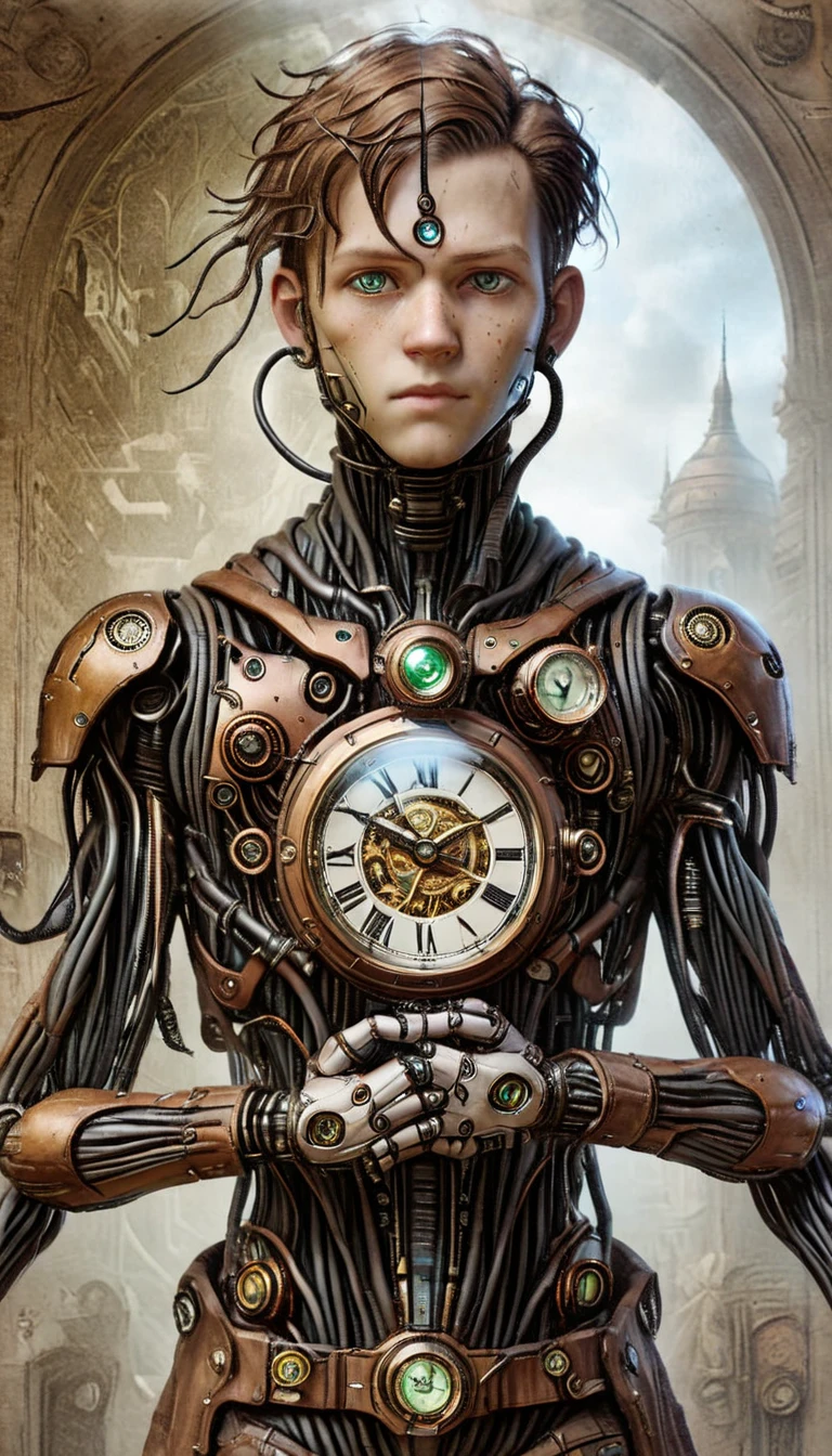 (masterpiece, Highest quality, Highest quality, Official Art, beautifully、aesthetic:1.2), (1 male), Very detailed,(Fractal Art:1.3),colorful,Most detailed, Background with fractal and mechanical steampunk details