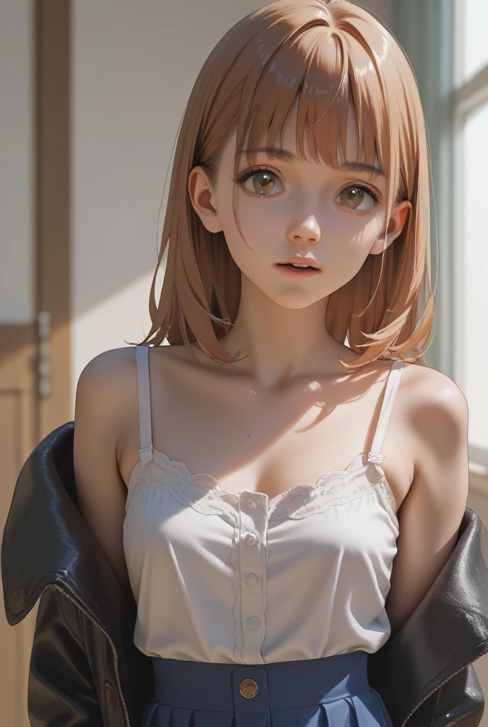 (best quality:1.4), hight resolution, Meisterwerk, ultra-detailliert, (fotorealistisch:1.2), 1girls, hellviolettes Haar, mid large breasts, (white shirt with button:1.1), Niedliche Haarnadel, Halskette, flush, sidewalk, detailliertes Gesicht, (portrait:1.4)