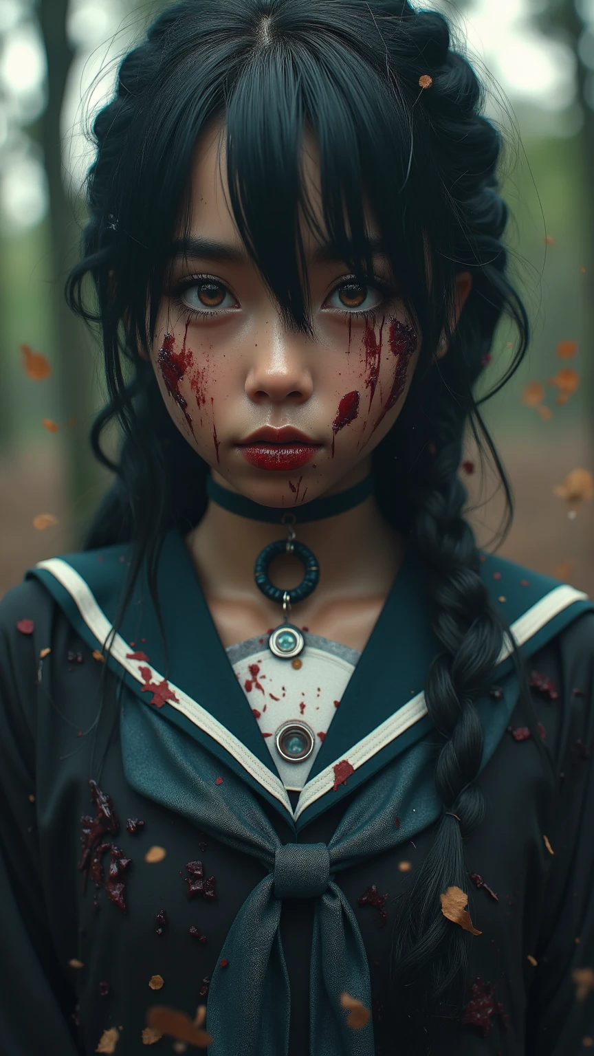 (Master Masterpiece), (Raw photography、highly best quality), UltraHighResolution, Professional artwork, ultra detaild, complicated, details face, Perfect lighting, (1 girl、独奏:1.2)、Nakoruru、long haired, Red bow, Bow, Blue Eye, black  hair, arma, ainu clothes, Hair Bow, hair band, reverse grip, ngel, Blood on Weapon, sash, The tree, Underpants,  gloves, extra very long hair, looking at the viewers, ponie tail, naked leg, Sleeveless, Fingerless gloves, in a kimono, obi,A full body、(perfect hand:1.5)、(Perfect_Anatomy:1.2)、Octane Render、(Crying、weak and tired eyes、Tears:1.2),(Bruises and blood stains on the face and body、blood flowing from head and face、injuries on body、Damage、Wounds and cuts、bleeding lips:1.3),(Torn clothing、Tattered clothes:1.5)、(Kneeling weakly:1.2)、 (inside forest)、tousled hair、Tired and weak face、(Perfect Body、flawless、perfect thighs)、((Blood stains on clothes、bloody skin:1.3))、(Film lighting)、Soft lighting、Complex and cinematic appearance、Cinema tick writing、Dynamic Angles