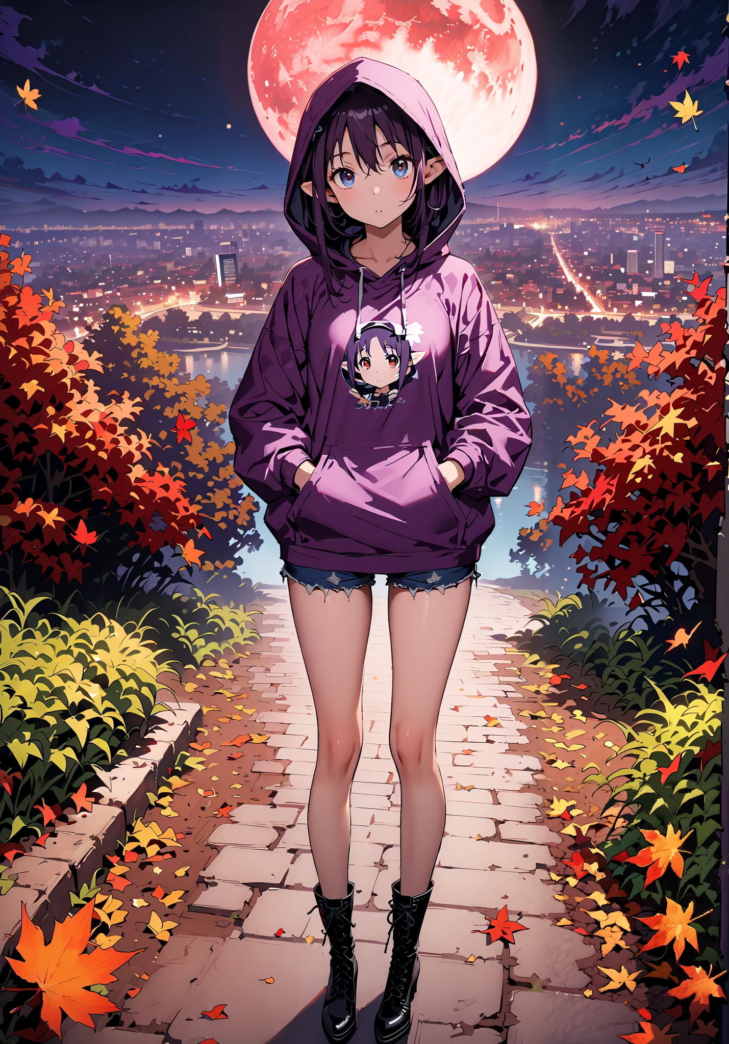yuukiKonno, Konno Yuuki, pointed ears, purple hair, red eyes,long hair,Purple oversized hoodie ,Denim Micro Shorts,Bare legs,boots, hood up ,autumn,autumn leaves,night, full moon,is standing,put one's hands in one's hoodie pockets,綺麗なnight景,Beautiful cityscape,full bodyがイラストに入るように,break outdoors, garden,
break looking at viewer,full body,
break (masterpiece:1.2),best quality , kampala,Unity 8k Wallpaper,(shape:0.8),( fine, beautiful eyes :1.6),It's a person ,full body写真,CG Details , (perfect hands,complete anatomy),