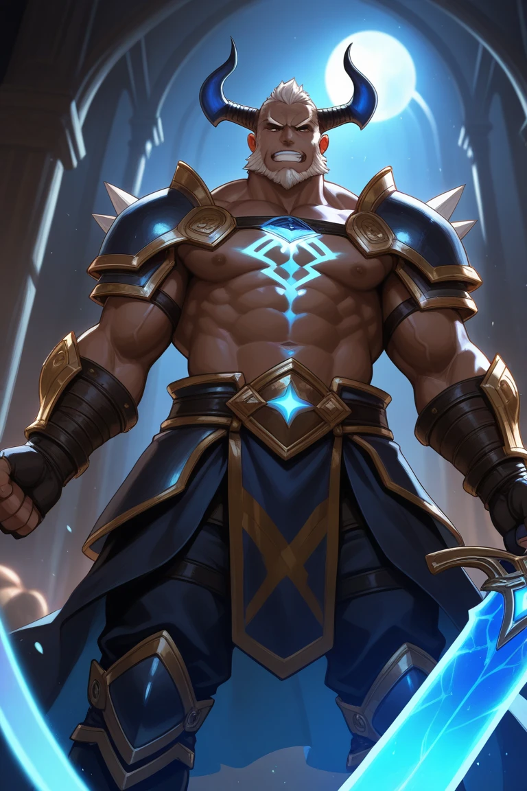 A frost mage is shaping two spirals of frozen fire around himself. He is an absolute muscle monster, 20 years old short blond hair and stubble. Obscenely wide shoulders and traps. Very defined ‘V’ body shape with a narrow waist. Well defined six pack. Exceptionally hairy chest. Spinning a staff around himself