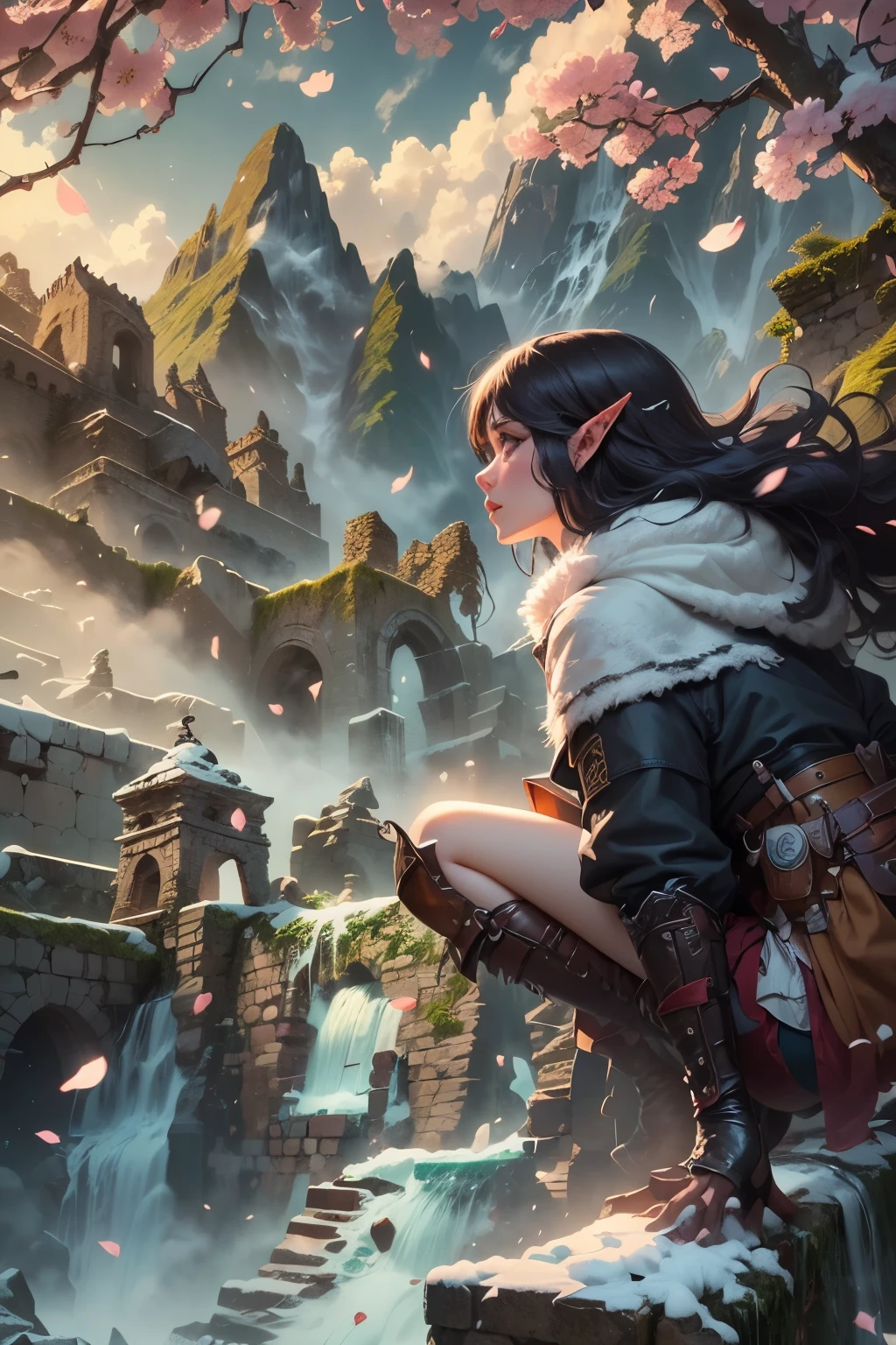 (Ultra-detailed face, Looking away, Cherry blossom petals are dancing. A spring break adventure. Super-detailed faces, gothic fantasy illustrations, picture scroll and ukiyoe style. Perspective looking down from the sky above.), BREAK
(A young female dark elf archaeologist climbs the exterior wall of a crumbling prehistoric ruin to investigate. Machu Picchu-like ruins in Peru, representing the wonders of nature and a fantastic landscape. A view of melting snow in early spring and a backdrop of a powerful cascade of waterfalls caused by melting snow. In a bold pose, she sits on the crumbling, dangerous outer wall of the old ruins, sipping a warm drink and admiring the melting snow.), BREAK
(She wears a cloak over a traditional, classic medieval European cape dress made of multiple layers of cherry-patterned woolen fabric. She wears short boots made of soft leather with white fur.)