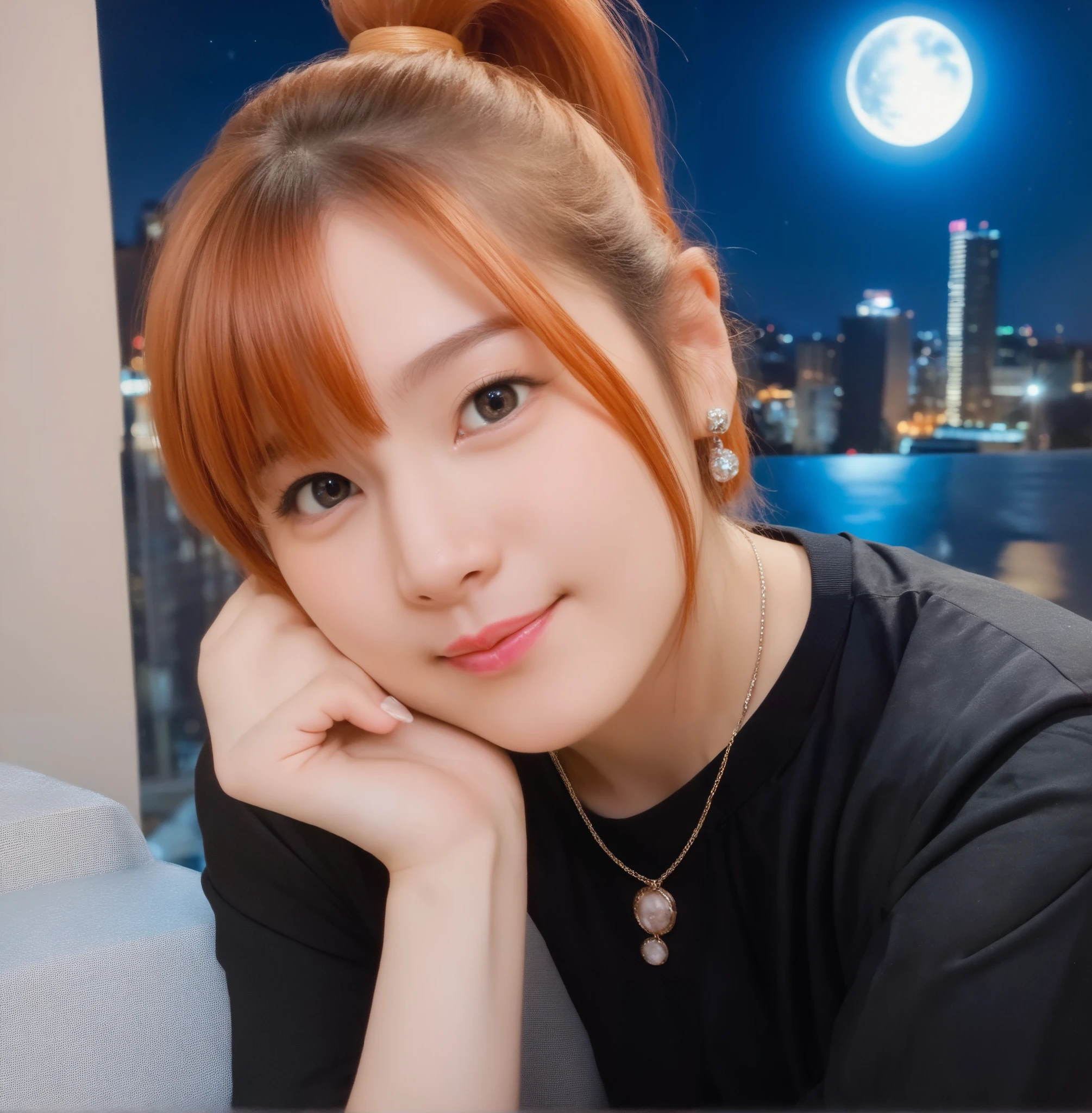 mix 4,(8k, RAW photo, best quality, master:1.2), (realistic, photo-realistic:1.37),1 girl,cute,cityscape of Shumigaoka, Night , full moon, clear night sky Professional lighting,photon mapping,radiosity,physics-based rendering ,orange hair 1:3 Japanese beauty 18 years old short ponytail big breasts, big 1:2, cute and big eyes,high nose small mouth long eyelashes double eyelids Natural Makeup dark pink lipstick, Full Body thin body shapes black blouse plaid mini skirt earrings,necklace Stroking my hair