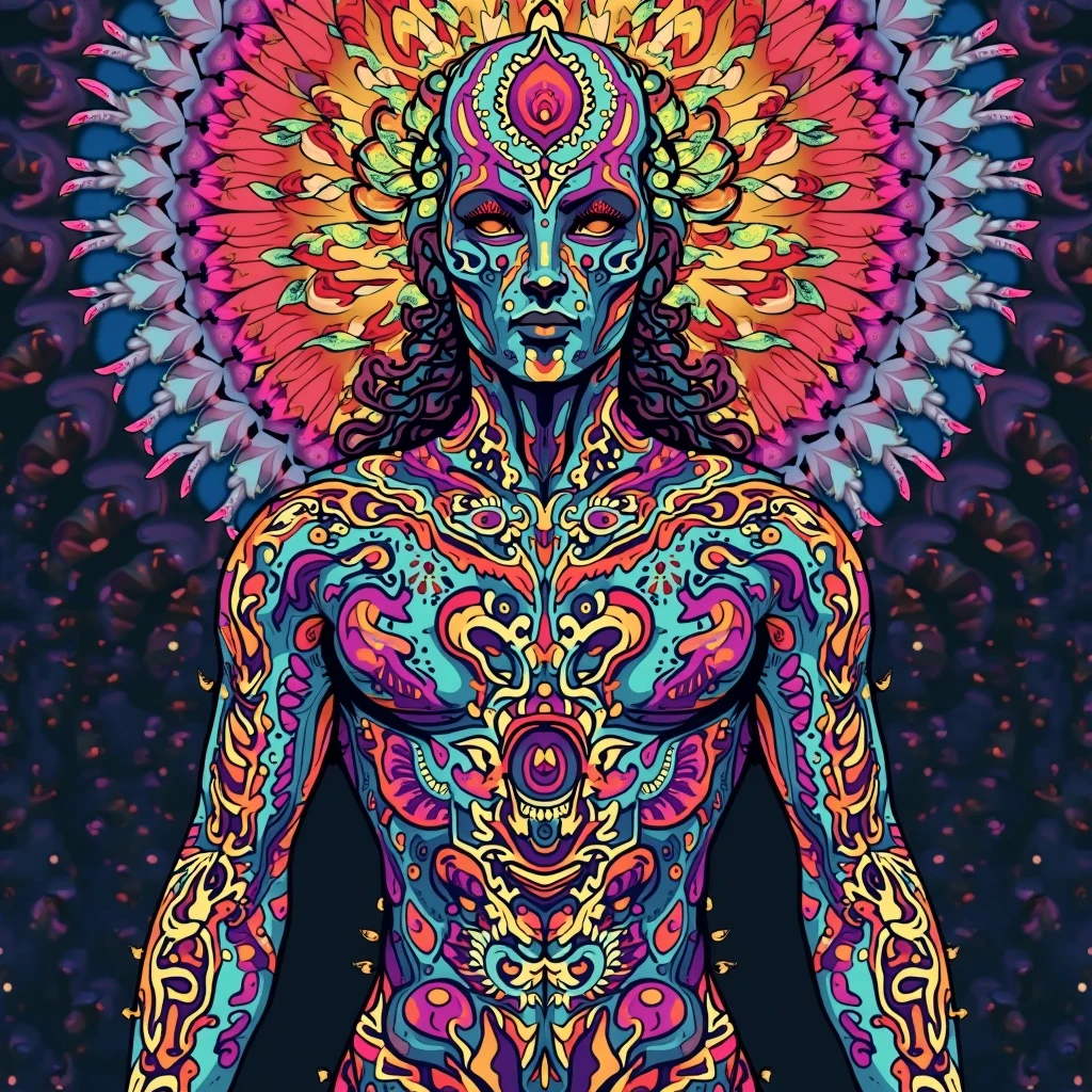 fractal psychedelic astral traveler, interdimensional 6D alien, character, portrait, facing the camera, vibrant multicolored synthwave aesthetic --auto