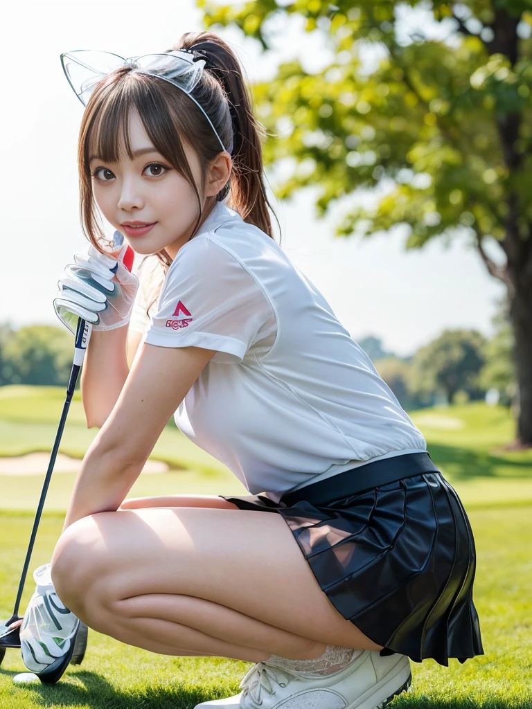 Highly detailed CG Unity 8K wallpapers, With the highest quality, Very detailed, masterpiece, Realistic, Realistic photos, Very detailedかわいい女の子, alone、thin, (タイトなGolf Wear) , (Golf Mini Flare Skirt) , (Wearing golf gloves)、smile , thin body, ((Large Breasts))、Viewers watch, Full Body Shot , Golf course , Sun visor, ponytail,Japanese women、light makeup、Baby Face、セクシー