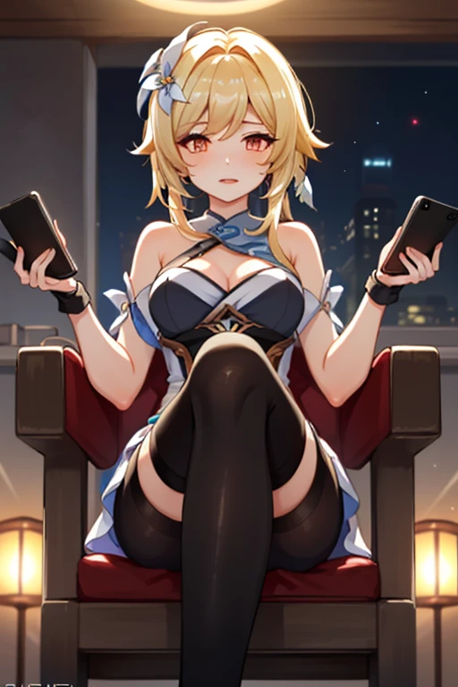 1girl, jean \(genshin impact\), genshin impact,street,perfect eyes,phone,masterpiece,very aesthetic,newest,sensitive