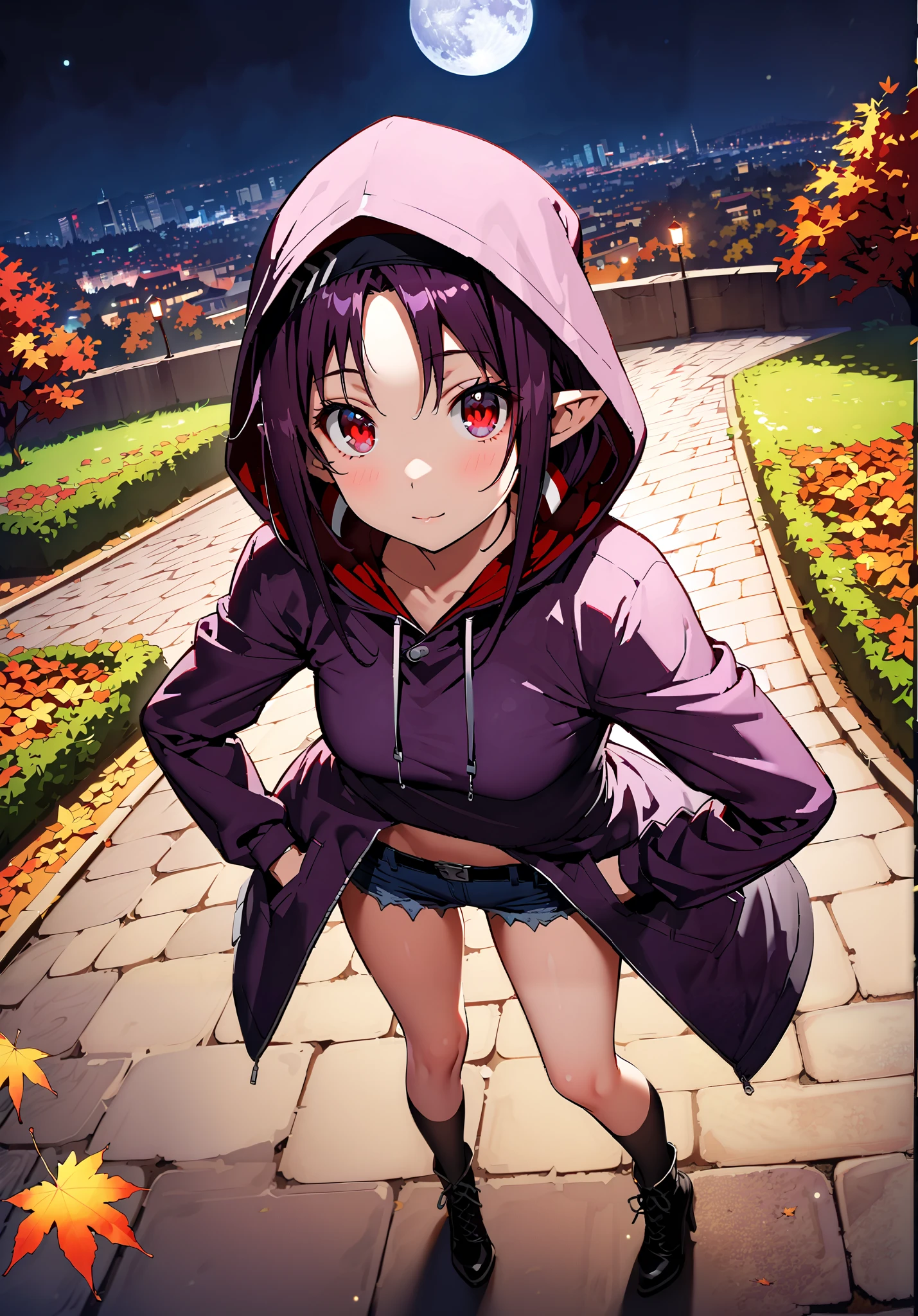 yuukiKonno, Konno Yuuki, pointed ears, purple hair, red eyes,long hair,Purple oversized hoodie ,Denim Micro Shorts,Bare legs,boots, hood up ,autumn,autumn leaves,night, full moon,is standing,put one's hands in one's hoodie pockets,綺麗なnight景,Beautiful cityscape,full bodyがイラストに入るように,break outdoors, garden,
break looking at viewer,full body,
break (masterpiece:1.2),best quality , kampala,Unity 8k Wallpaper,(shape:0.8),( fine, beautiful eyes :1.6),It's a person ,full body写真,CG Details , (perfect hands,complete anatomy),