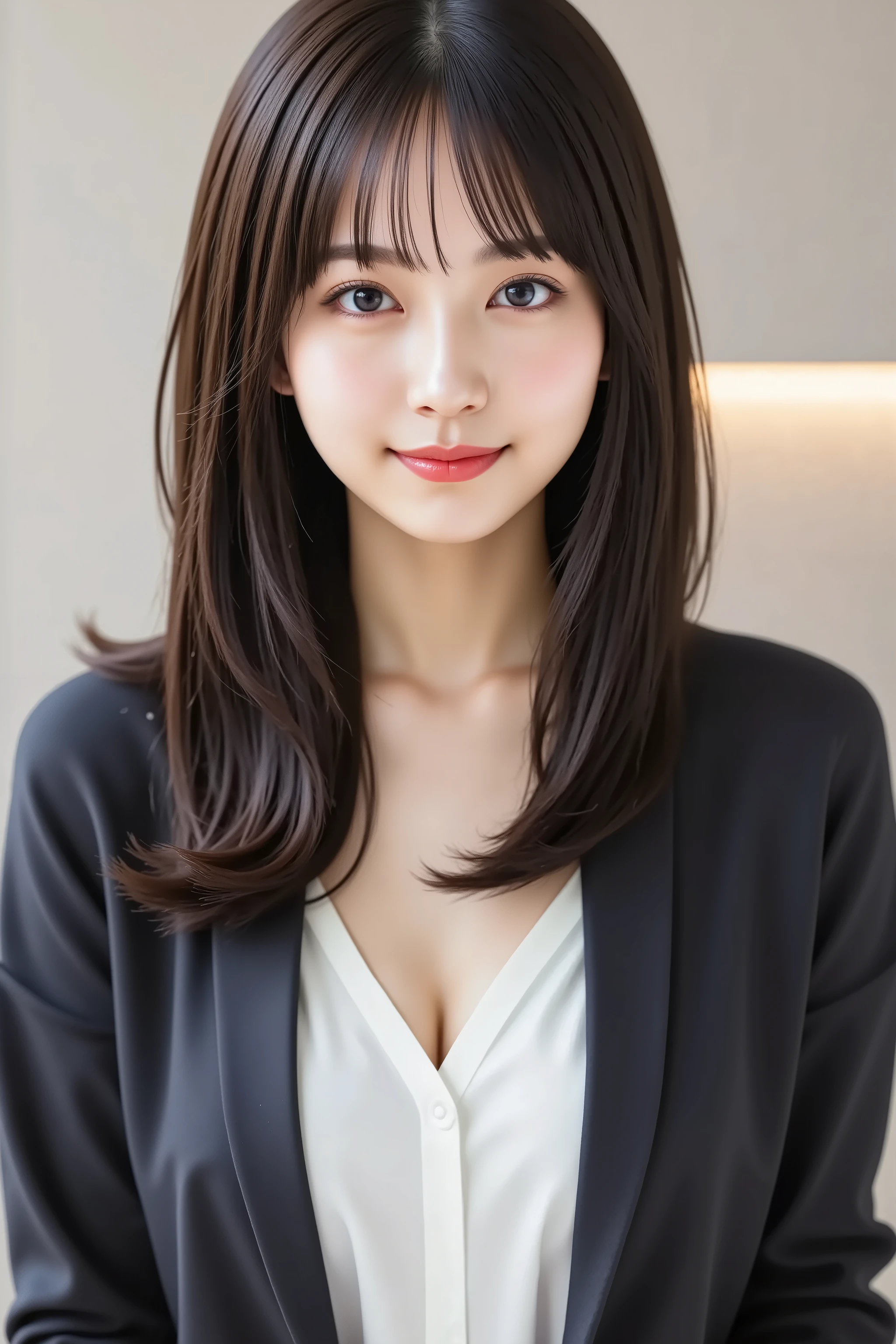 A highly detailed, ultra-realistic digital illustration of a beautiful young Asian woman, with her upper body fully visible and centered in the frame. She has long, smooth black カーリーhair with soft bangs, and her clear, luminous skin complements her warm, inviting smile. Her large, expressive eyes are enhanced by natural, elegant makeup. She is wearing a well-tailored, dark-colored suit jacket over a crisp white blouse, exuding professionalism and sophistication. The background is a minimalist, neutral tone that subtly contrasts with her attire, ensuring she remains the focal point. The image is rendered in 8K resolution, capturing every intricate detail with pristine clarity.