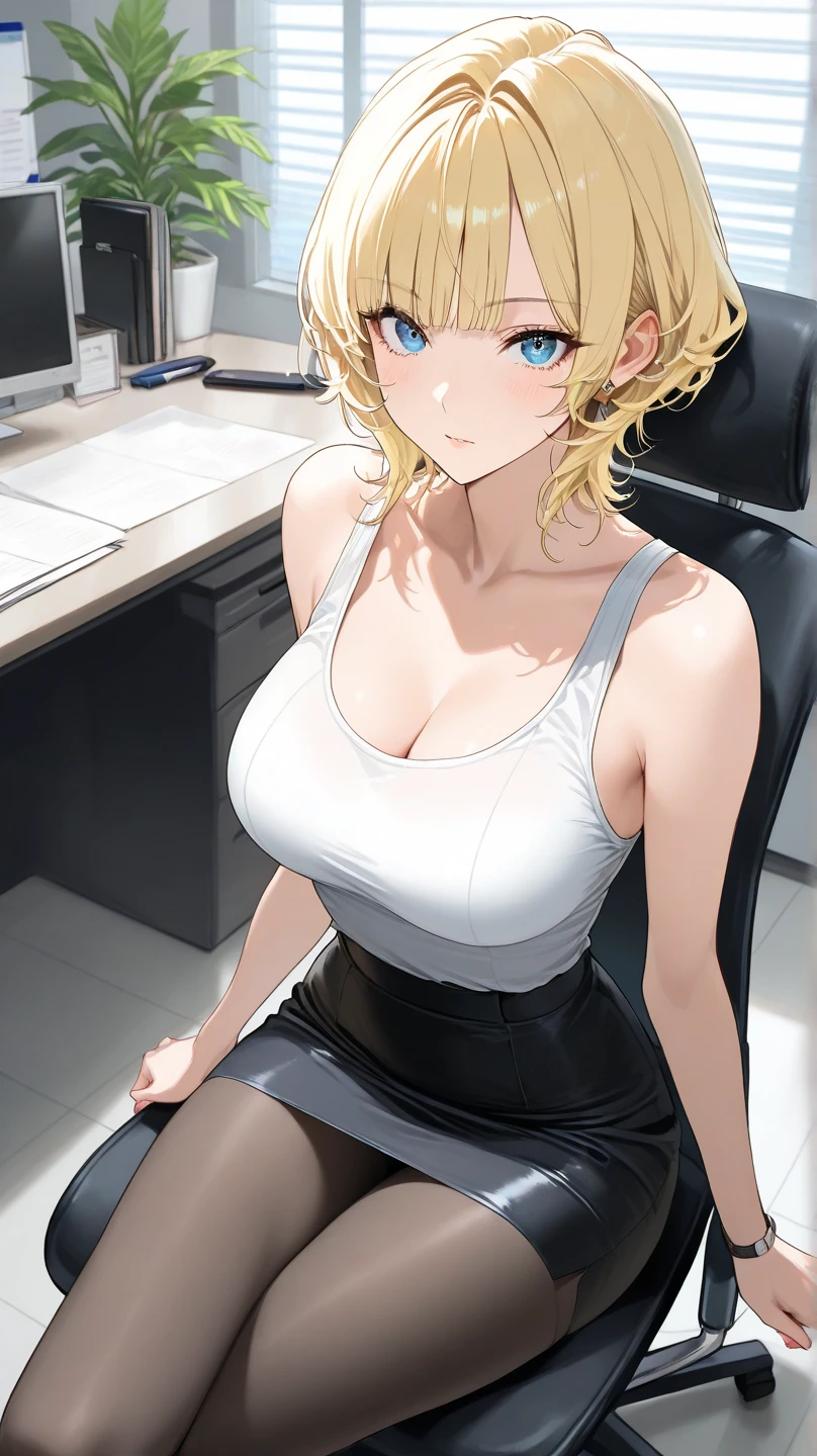 masterpiece, ,(solo:1.1), sexy, office, heels, pencil skirt, milf, big tits, open shirt, bend over, blonde hair, short hair, detail face