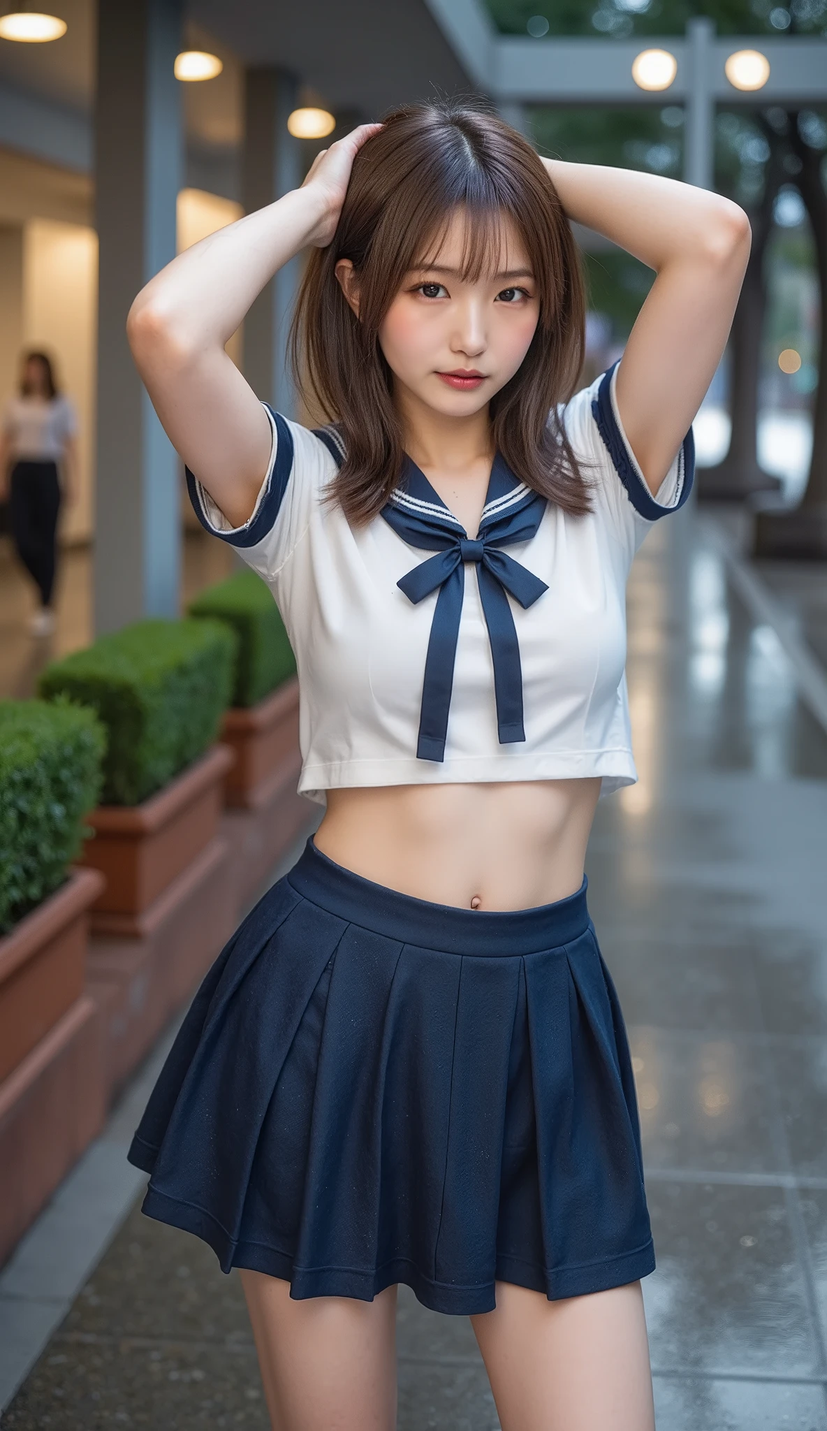 beautiful Japanese high school girl seen by many passengers , give panties as a present:1.331, raise both arms, under the arm, Front Map:1.331, (best quality:1.4), 32k high resolution UHD , (masterpiece:1.2), Highly detailed live action , (realistic, 超realistic:1.4), Big Breasts Beautiful Japanese Woman , famous beautiful Japanese idol , detail face , facial beauty, symmetrical eyes, very pretty eyes , Senna Super Sexy , perfect configuration, proper placement in office clothes, golden ratio, Dusk of the Rain , Heavy rain outside , Guerrilla rainstorm, Large typhoons , thunderstorm , Beautiful Japanese Woman with Breasts as Big as Pale Light Shining Through Clouds , On the city streets, Like :1.331, have small heads :1.331, slender body:1.331, thin waist:1.331, thin hands and feet:1.331, Flat chest:1.331, Japanese High School Sailor Uniform :1.21, Short sleeve clothing, White Short Sleeve Sailor Suit :1.21, will be Fuku:1.21, navy blue mini skirt , bare feet, I can see her belly button , brown hair, Wavy hair in front of the train station :1.21, Beautiful hair blowing in the wind ,