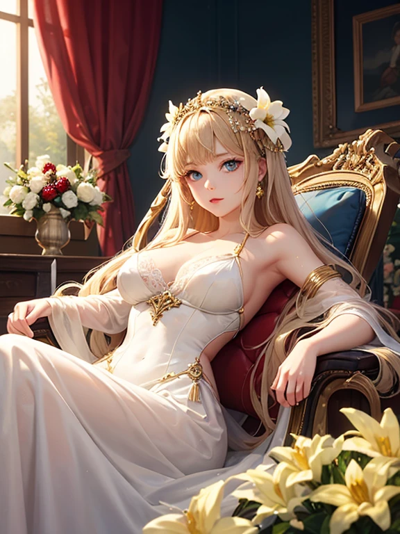 anime girl, blonde hair princess girl, small girl, white dress, with gold crown, face on camera, tight shirt, show large chest, dark isekai, shy girl, pitiful face, face forward to camera, asking pose, pink cheeks, half body, body on iron chain, smile, yellow eyes, show cleavage very big breast, zoom very big breast, face and breast in front, ensure she wear long pants, wet breast, watery breast, lay on grass, zoom front breast and face only, no nails, remove the nail, do not show the nails, girl tighten on iron chains like a slave, head pop up front, lot of iron chains, anime girl leans forward, lying grass, looking at viewer