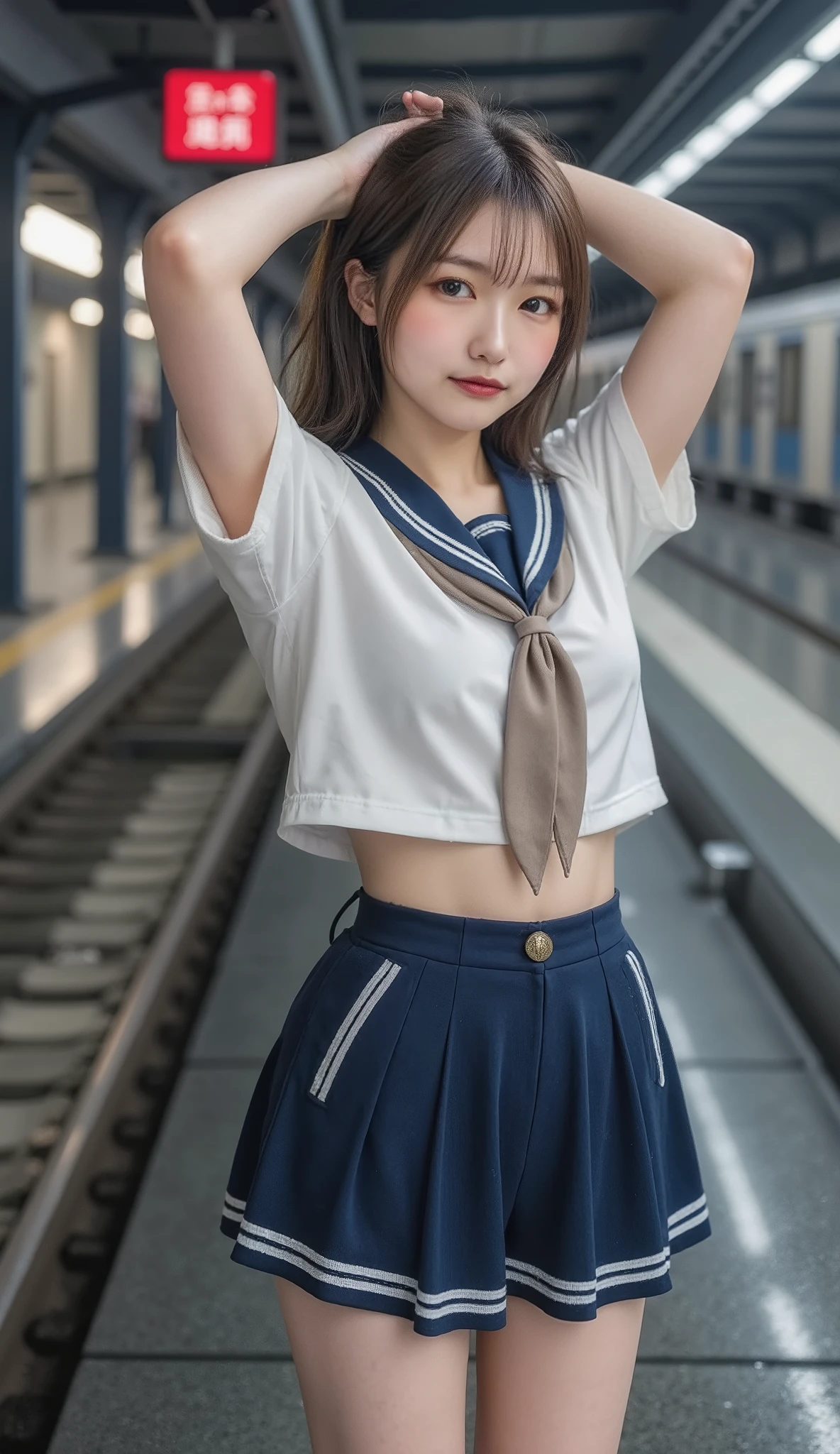 beautiful Japanese high school girl seen by many passengers , give panties as a present:1.331, raise both arms, under the arm, Front Map:1.331, (best quality:1.4), 32k high resolution UHD , (masterpiece:1.2), Highly detailed live action , (realistic, 超realistic:1.4), Big Breasts Beautiful Japanese Woman , famous beautiful Japanese idol , detail face , facial beauty, symmetrical eyes, very pretty eyes , Senna Super Sexy , perfect configuration, proper placement in office clothes, golden ratio, Dusk of the Rain , Heavy rain outside , Guerrilla rainstorm, Large typhoons , thunderstorm , Beautiful Japanese Woman with Breasts as Big as Pale Light Shining Through Clouds , On the city streets, Like :1.331, have small heads :1.331, slender body:1.331, thin waist:1.331, thin hands and feet:1.331, Flat chest:1.331, Japanese High School Sailor Uniform :1.21, Short sleeve clothing, White Short Sleeve Sailor Suit :1.21, will be Fuku:1.21, navy blue mini skirt , bare feet, I can see her belly button , brown hair, Wavy hair in front of the train station :1.21, Beautiful hair blowing in the wind ,