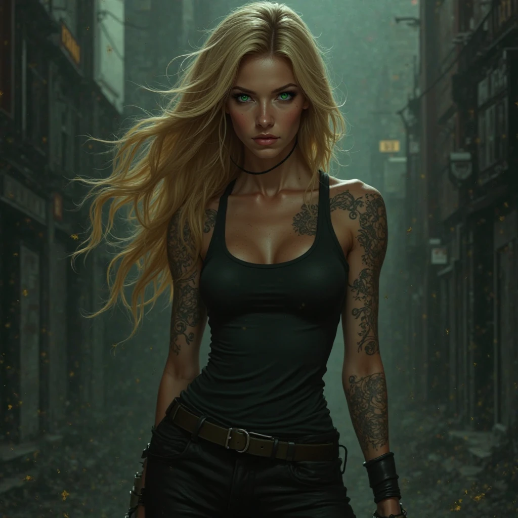 full body shot, super muscular build and medium chest.,wearing an open black leather vest.., tight pants, and heavy boots, She has a punk rock look and blonde hair. Her tattoos all over her body highlight her hardened character..., Hyperrealistic Bonnie Rotten close-up photo, masterpiece, Best quality, (Photorealistic:1.4), Create dystopian masterpieces. Depict a cityscape in the gritty style of game concept art.. This work should evoke a sense of abandonment and despair in a futuristic world., post-apocalyptic world. Pay attention to the subtleties of detail, sharp focus.