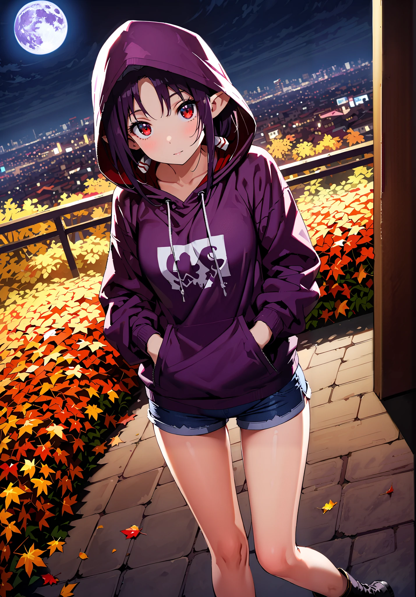 yuukiKonno, Konno Yuuki, pointed ears, purple hair, red eyes,long hair,Purple oversized hoodie ,Denim Micro Shorts,Bare legs,boots, hood up ,autumn,autumn leaves,night, full moon,is standing,put one's hands in one's hoodie pockets,綺麗なnight景,Beautiful cityscape,full bodyがイラストに入るように,break outdoors, garden,
break looking at viewer,full body,
break (masterpiece:1.2),best quality , kampala,Unity 8k Wallpaper,(shape:0.8),( fine, beautiful eyes :1.6),It's a person ,full body写真,CG Details , (perfect hands,complete anatomy),