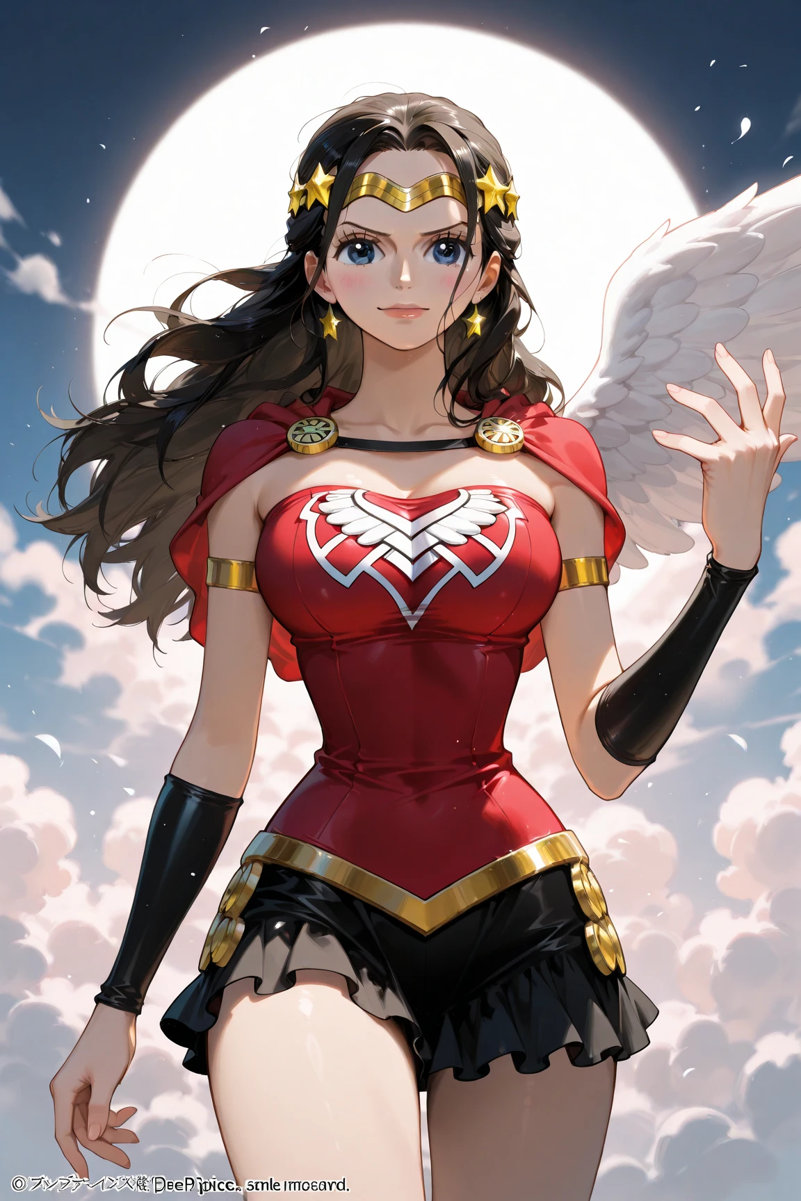 (masterpiece, best quality: 1.2), Cowboy shooting, solitary, 1 girl, Zhuchengzheng, Sharp Teeth, Smile, Looking at the audience, Hands on hips, Simple braid, , Seto Fuku, Pleated Skirt, thigh, (Gloves: 1.1), Huge breasts, curved, Miss, Wonder Woman, There is a cartoon,The picture shows a Miss with large breasts, Angel of Light, 明亮神Saint的气息, Inspired by red light, The non-dual god of spring, Elegant rainbow halo, Fire Butterfly Goddess, inspired by Marie Angel, The surrounding will be filled with light, Fairy in the sky, like the sun goddess, "uwu prismatic breast, Happy, beautiful eyes, whole body, Walk, long dress, long dre, , nun, Priestess, Saint, Venus, curve, Huge breasts, forest, Long skirt, coat, very Long skirt, coat, Europe, France, French, Tights, long dress, humble, Pantyhose, Priestess, Double skirt