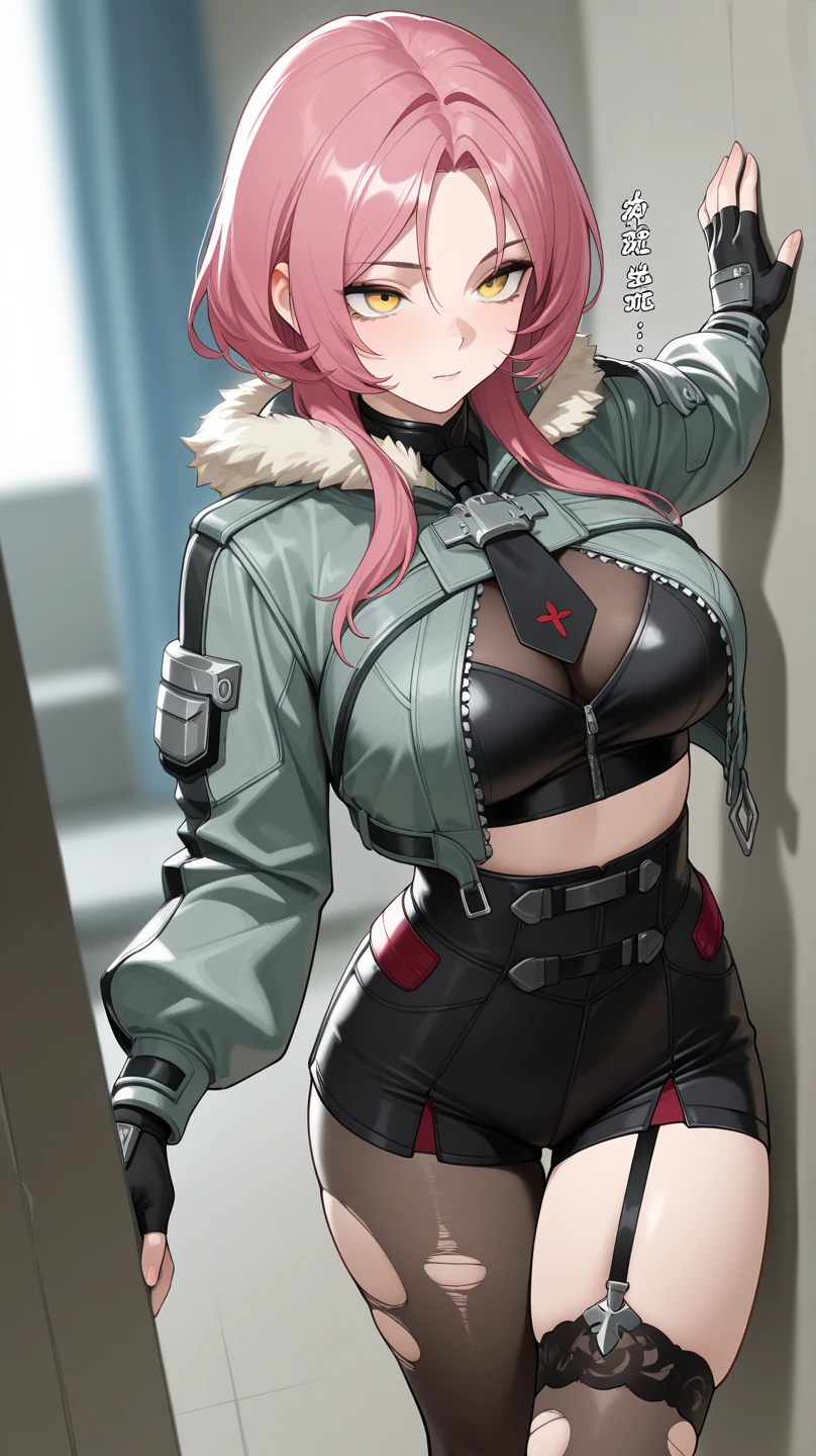 Anime girl, pink hair, large breasts, skinny, tight clothes, sexy,