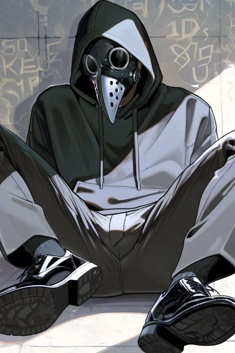 Ghostface Baller, solo, smile, open mouth, simple background, gloves, long sleeves, 1boy, white background, holding, sitting, full body, male focus, black gloves, hood, no humans, mask, phone, hood up<lora:Ghostface:0.75>